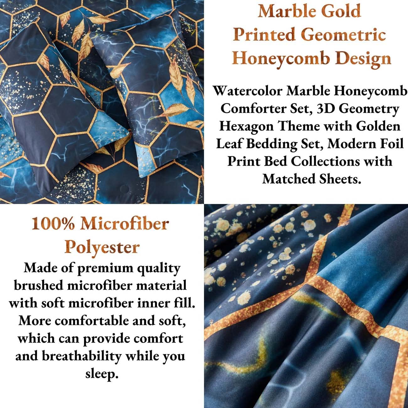 ANGIYUIN 7 Pieces Blue Gold Bed in A Bag Full Geometric Hexagon Theme Bedding Sets Gold Trim Comforter Set, Luxury Steel Blue Gold Foil Print Bed Sets with Pillowcases Sheets (Blue Full)