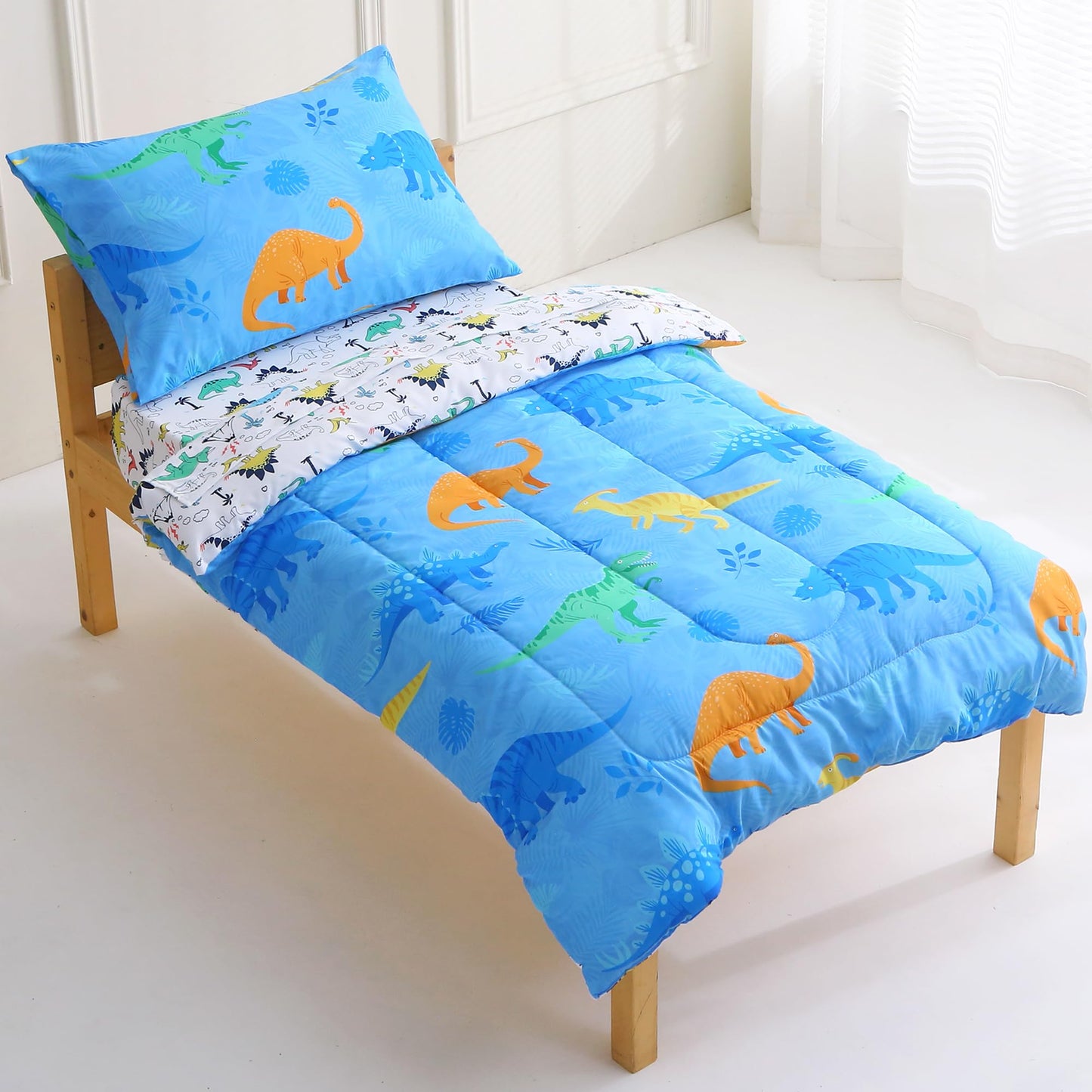 Viviland Blue Dinosaur Toddler Comforter Sets, Cute Girls Toddler Bedding Set, Soft Microfiber Toddler Bed Set