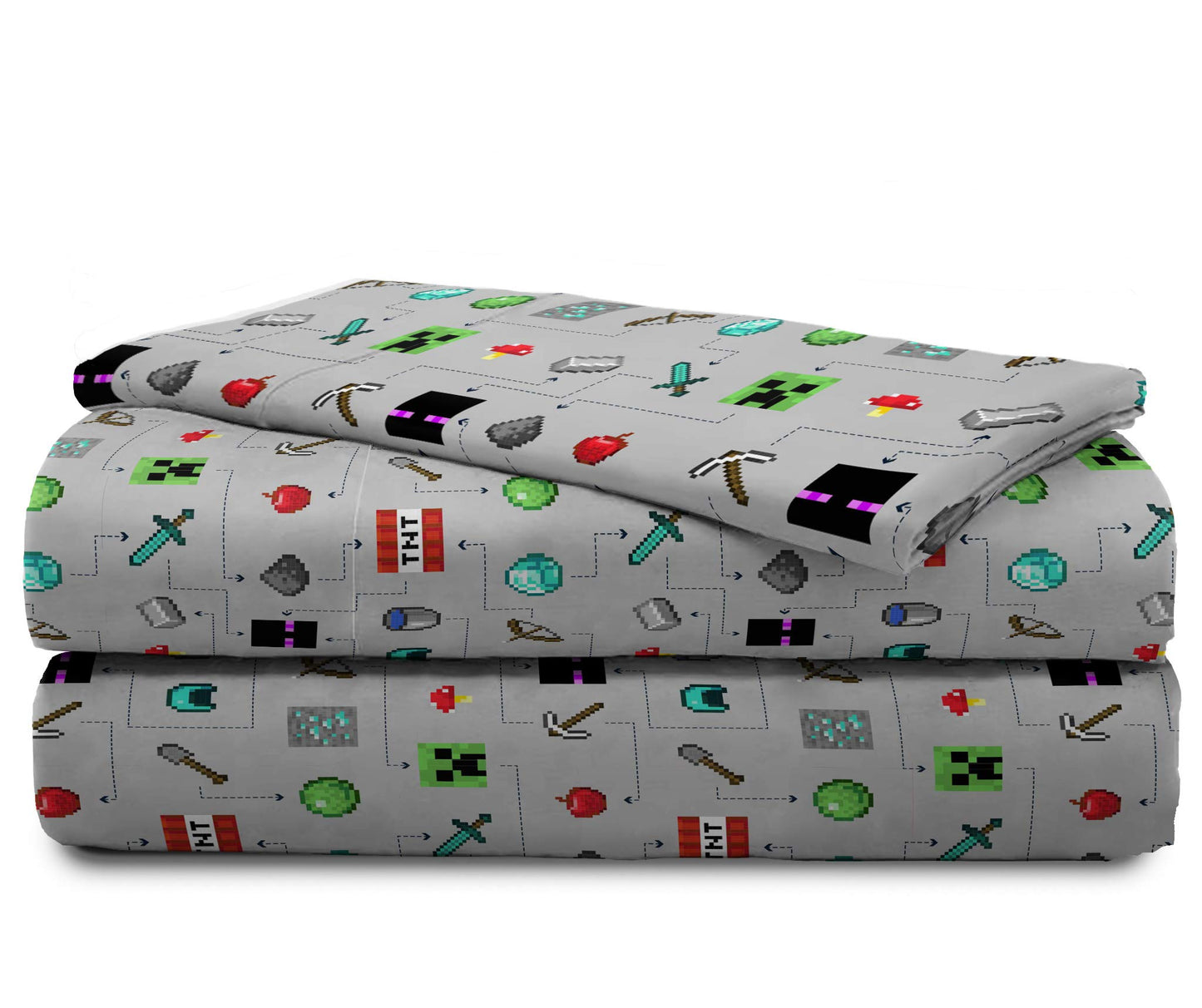 Jay Franco Kids Sheet Set with Fitted, Flat Sheets & Pillow Cover - Ultra-Soft Bedding with Pillowcase for Room Decor, Gray - Minecraft, 3 Piece Twin
