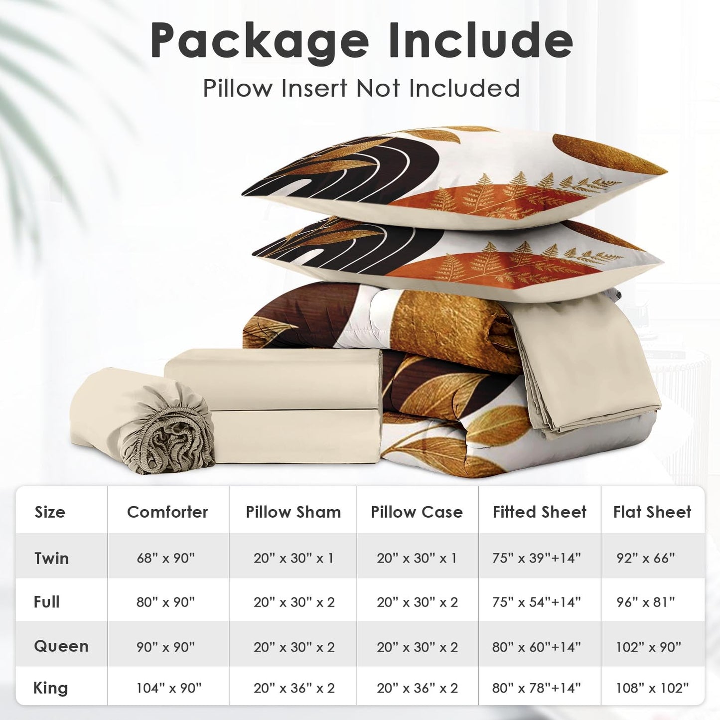 Boewywh Comforter Set Twin Size Boho Gold Abstract 7 Pcs, Bedding for Kids and Adults, Leaf Botanical Bed Sheet Sets with Fitted Sheet 2 Pillowcases & 2 Shams for Bedroom Bed Decor