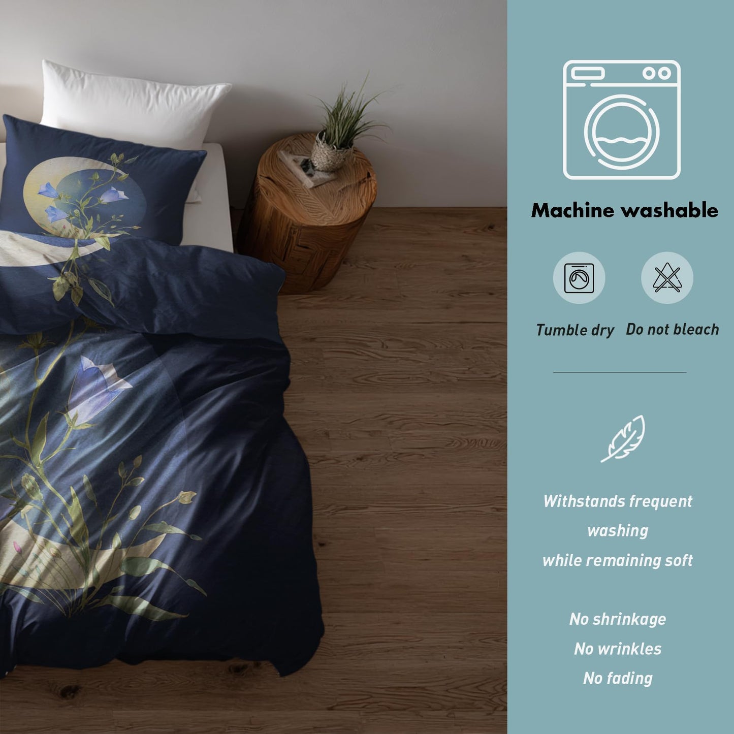 Aesthetic Flower Full Duvet Cover Set 3 Piece, Blue Floral Moon Reversible Bedding with 2 Pillow Shams, Zipper & Ties, Ultra Soft Microfiber, Flower Bedroom Decorations 74A-R