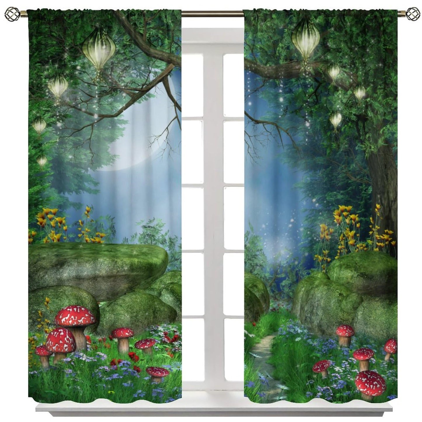 DDCBNS Fantasy Nature Windows Curtains,Magical Forest Dreamland Window Treatments for Bedroom Living Room Mushroom Flower Drapes 2 Panels Set,Total Size 42 x 45 Inch