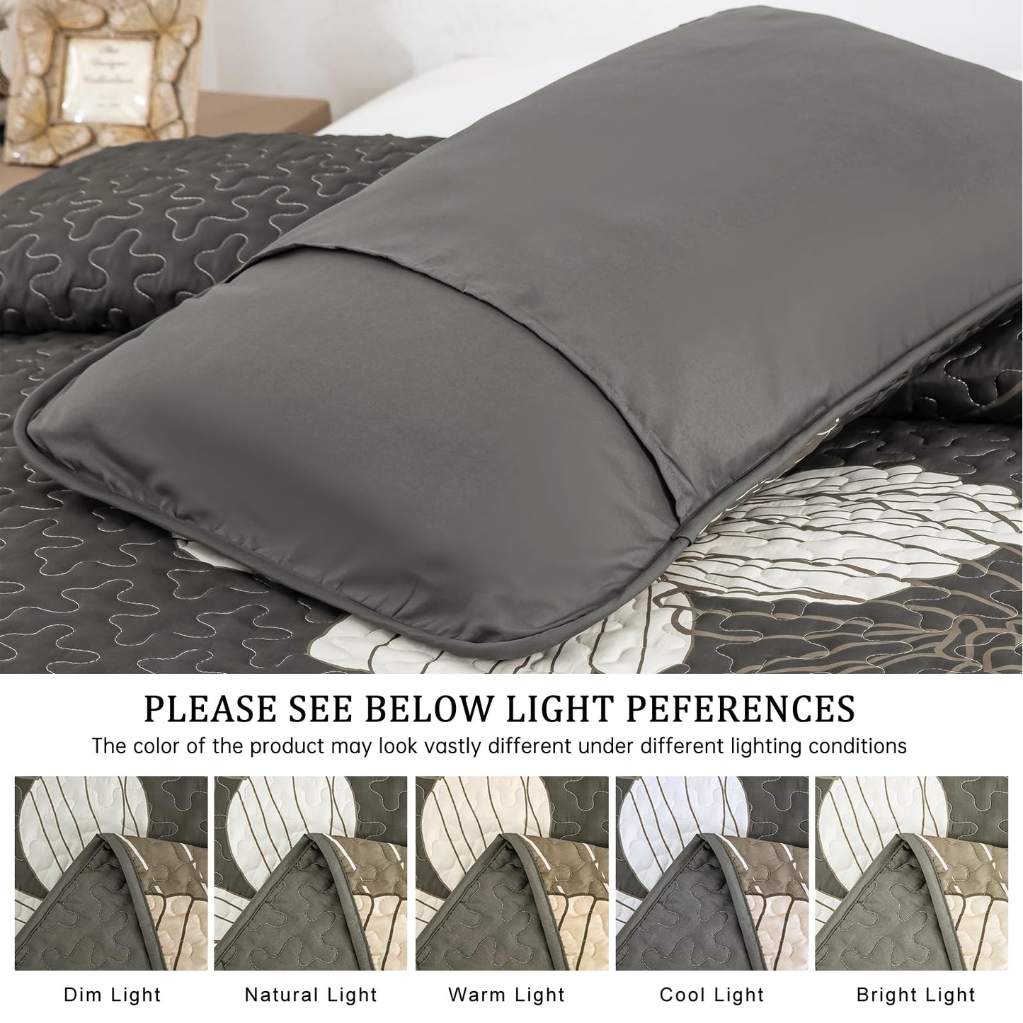 Anibedding 3 Pieces Floral Printed Quilts Set Queen Size, All Season Black Brown Lightweight Bedspread Sets with Shams for Bedroom