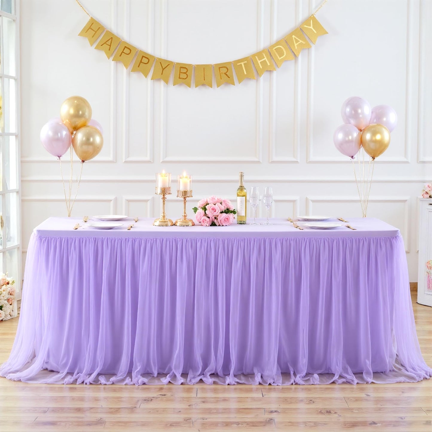 Suppromo 4 Pack 6ft Lavender Tulle Tablecloths for Rectangle Tables, 6 Foot Rectangular Table Cloth Wrinkle Free Table Cover with Tutu Skirt for Wedding Baby Shower Birthday Party Banquet Buffet Cake