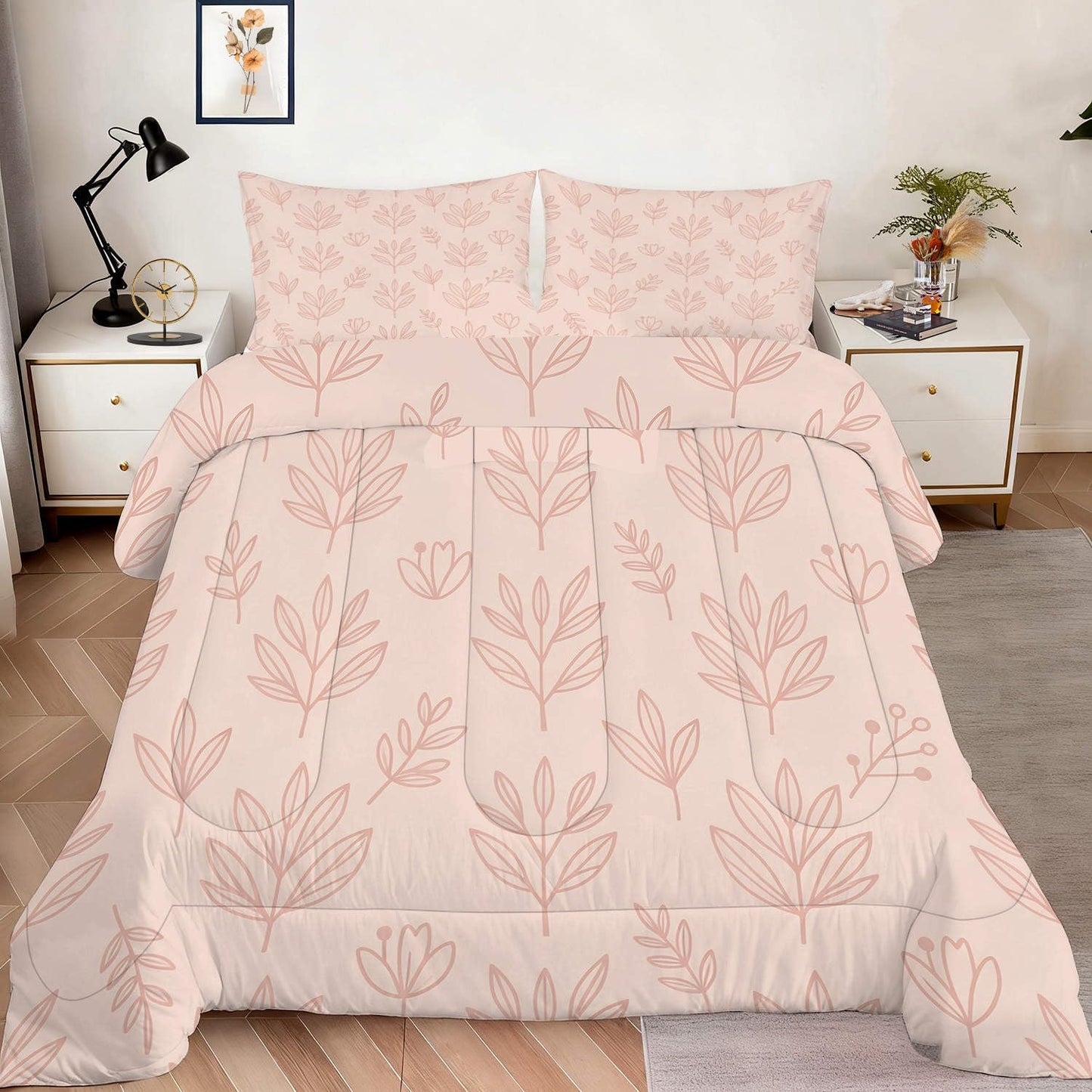 CERYUEE King 3pc Pink Line Leaf Boho Botanical Comforter Set