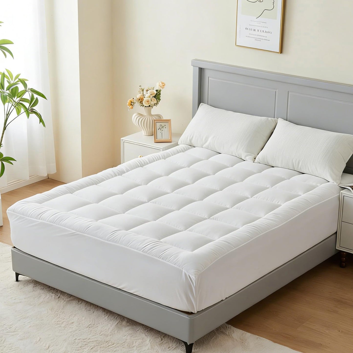 bedsmile Mattress Pad Queen Size Topper, Breathable Pillow Top with 8-21" Deep Pocket, Quilted Fitted Mattress Protector, Soft, Washable, Full White