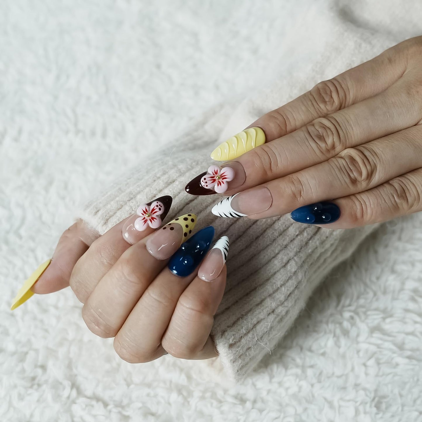 Tesytto 3D Hibiscus Press on Nails - Medium Almond 3D Flower & Water Drop Texture, Blue & Butter Yellow French Tip Nails, Tropical Hawaii Summer Fake Nails (Big Island-A,M)