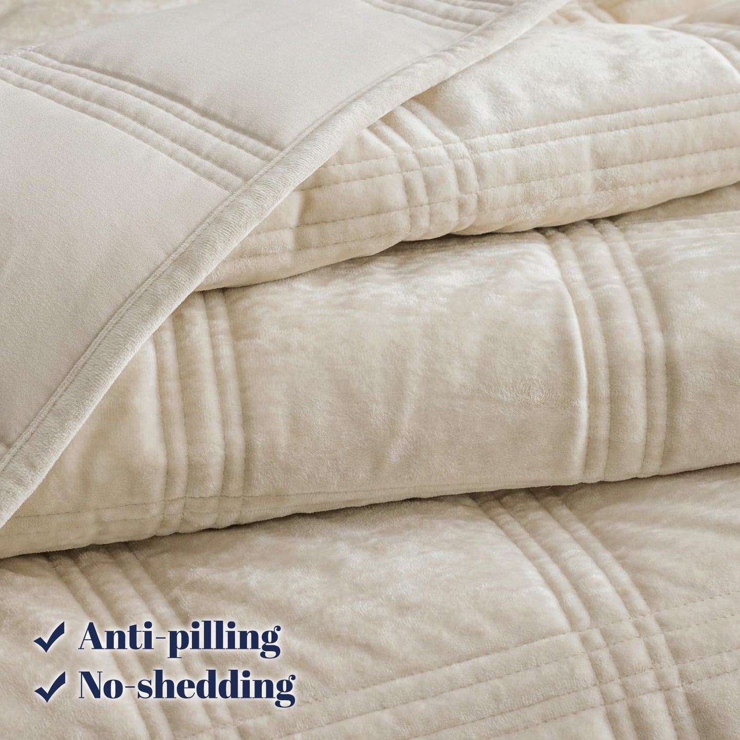 PHF Ultra Soft Velvet Quilt Set Queen Size – 3PCS Luxurious Cozy Quilted Comforter Alternative with Diamond Pattern, Warm Quilted Bedspread Coverlet, 90" x 92", Sand