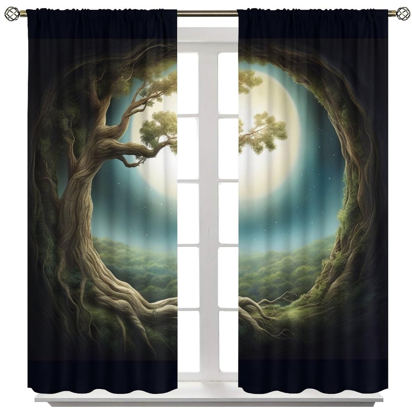 Fantasy Forest Blackout Curtains - Magic Forest Trees Trunk Bright Moon Stars Theme Print Grommet Dr for Kids Boy Girl Baby Bedroom Nursery Living Room Decor Window Drapes 2 Panels 42x45 Inch