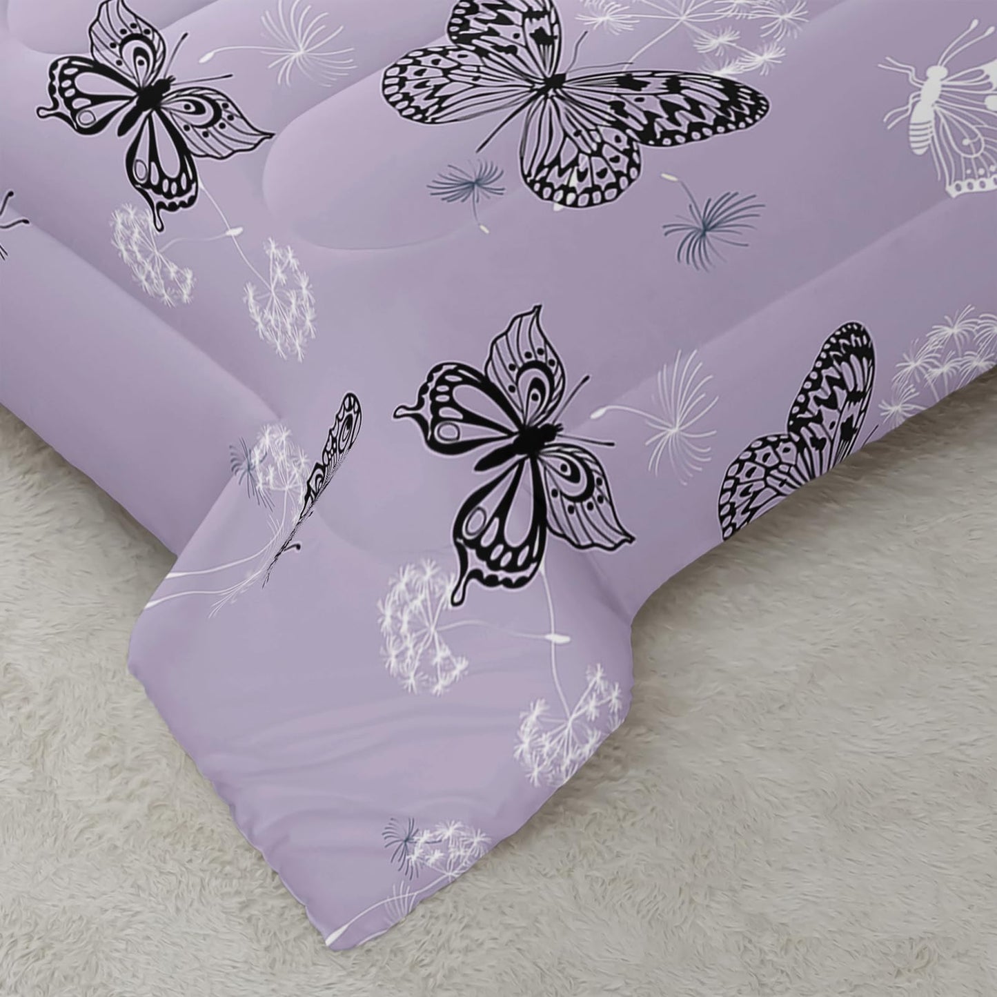QOOMO 3Pcs Butterfly Comforter Set Twin,Purple Butterflies Bedding Set for Teens Boys Girls,Dandelion Butterflies Printed Comforter with 2 Pillowcases,Down Alternative,Soft and Lightweight