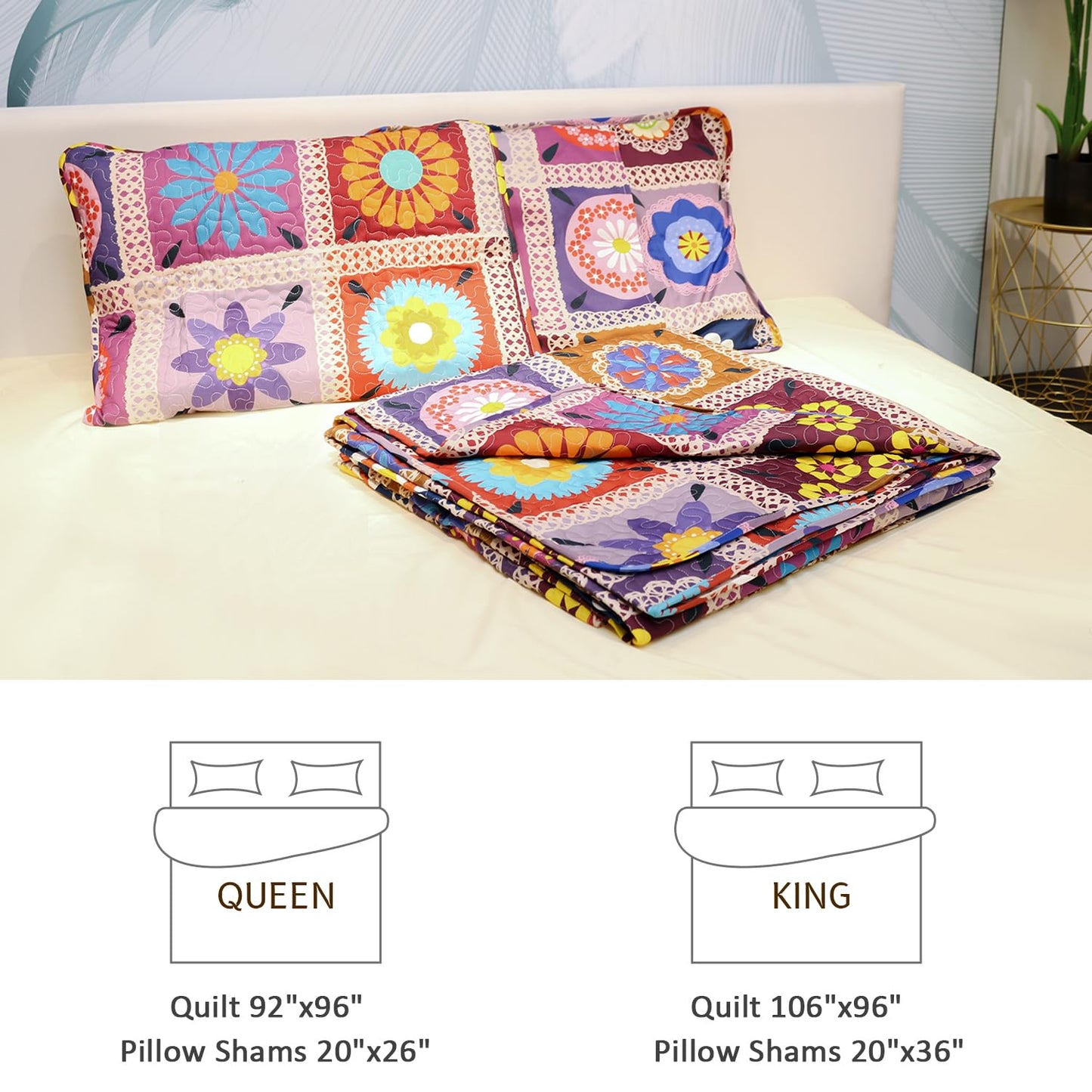 Benlarky Patchwork Quilt Set Queen Size 3 Pieces Set Quilts Crochet Style Bohemian Bedspread Coverlet Set for All Season Reversible Boho Bed Cover Bedding Set 1 Quilt and 2 Pillow Shams, 96" x 92"