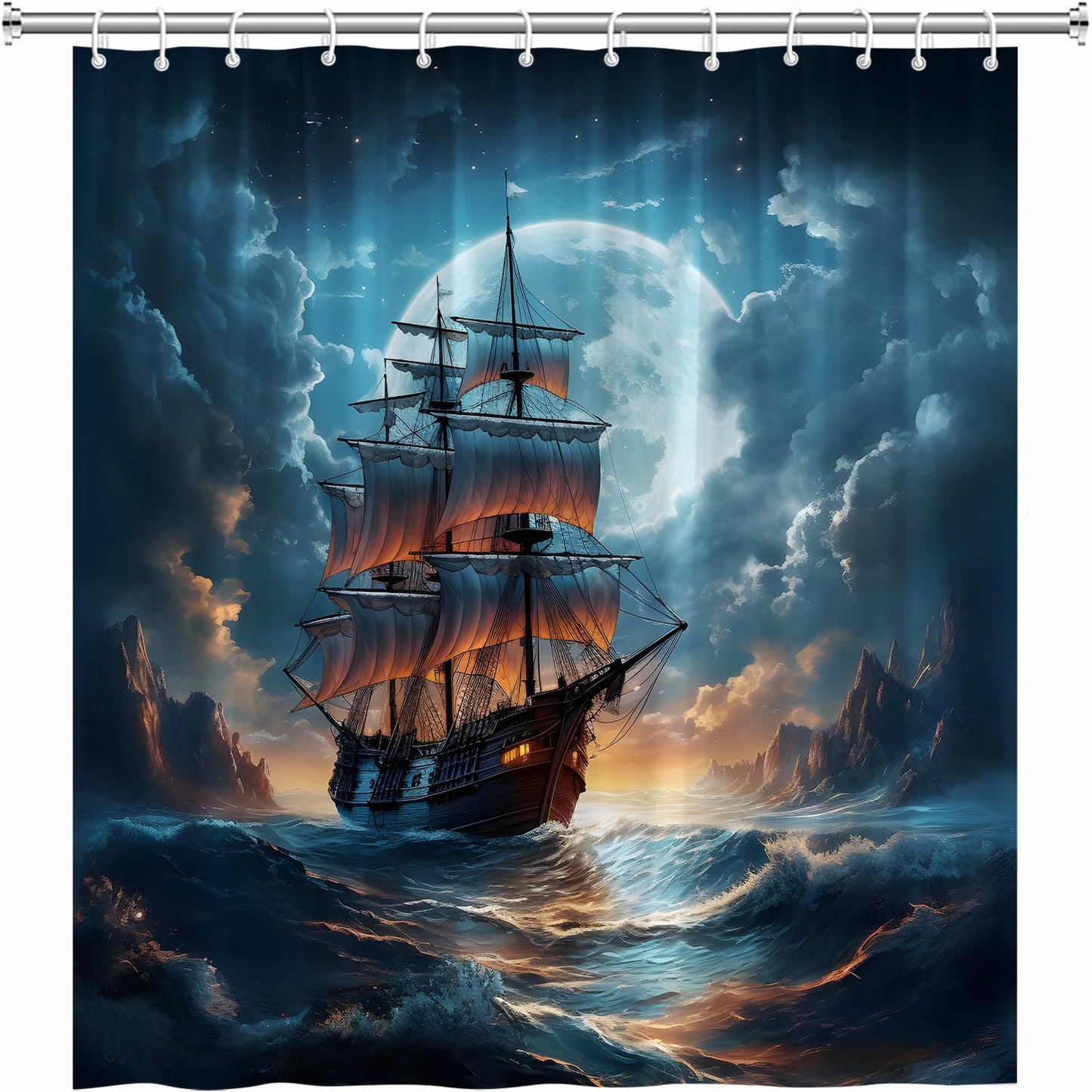 ZZYSKS Pirate Ship Shower Curtain Nautical Sailboat Sailing Ocean Adventure Full Moon Cloudy Night Sky Polyester Fabric Bathroom Decor Curtains Set with Hooks 70Wx70H Inch