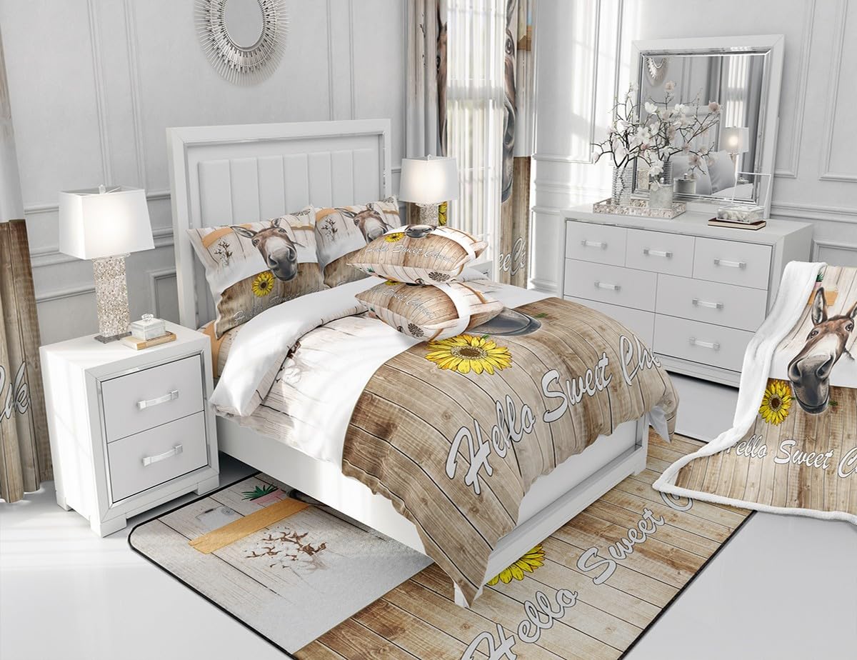 Manfei Cute Donkey Comforter Set Twin Size, Farm Animal Theme Bedding Set 2pcs for Kids Boys Teens Bedroom Decor, Rustic Style Wooden Stripe Print Quilt Set with 1 Pillowcase
