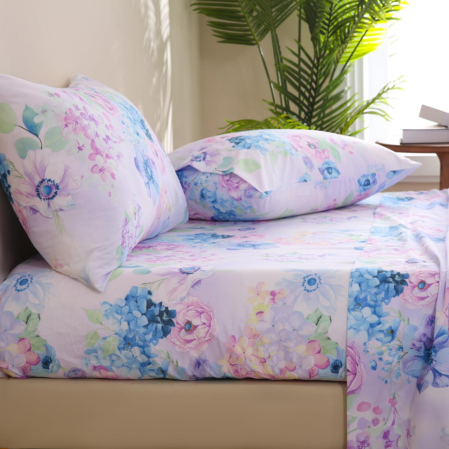 JSD Purple Hydrangea Floral Sheet Set Queen Size, 4 Piece Soft Spring Printed Microfiber Bed Sheets Deep Pocket