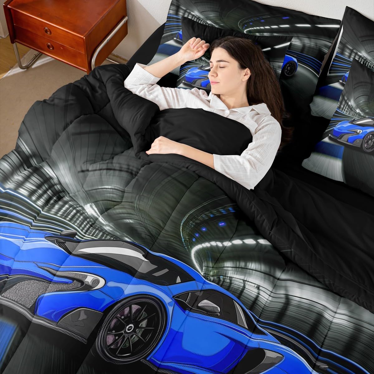jejeloiu Speed Sports Car Bed Set Tunnel 7 Pieces Bedding Set for Kids Blue Racing Car Bed in a Bag with Comforter, Pillowcases Ultra Soft Extreme Sports All Season Breathable Lightweight Twin Size
