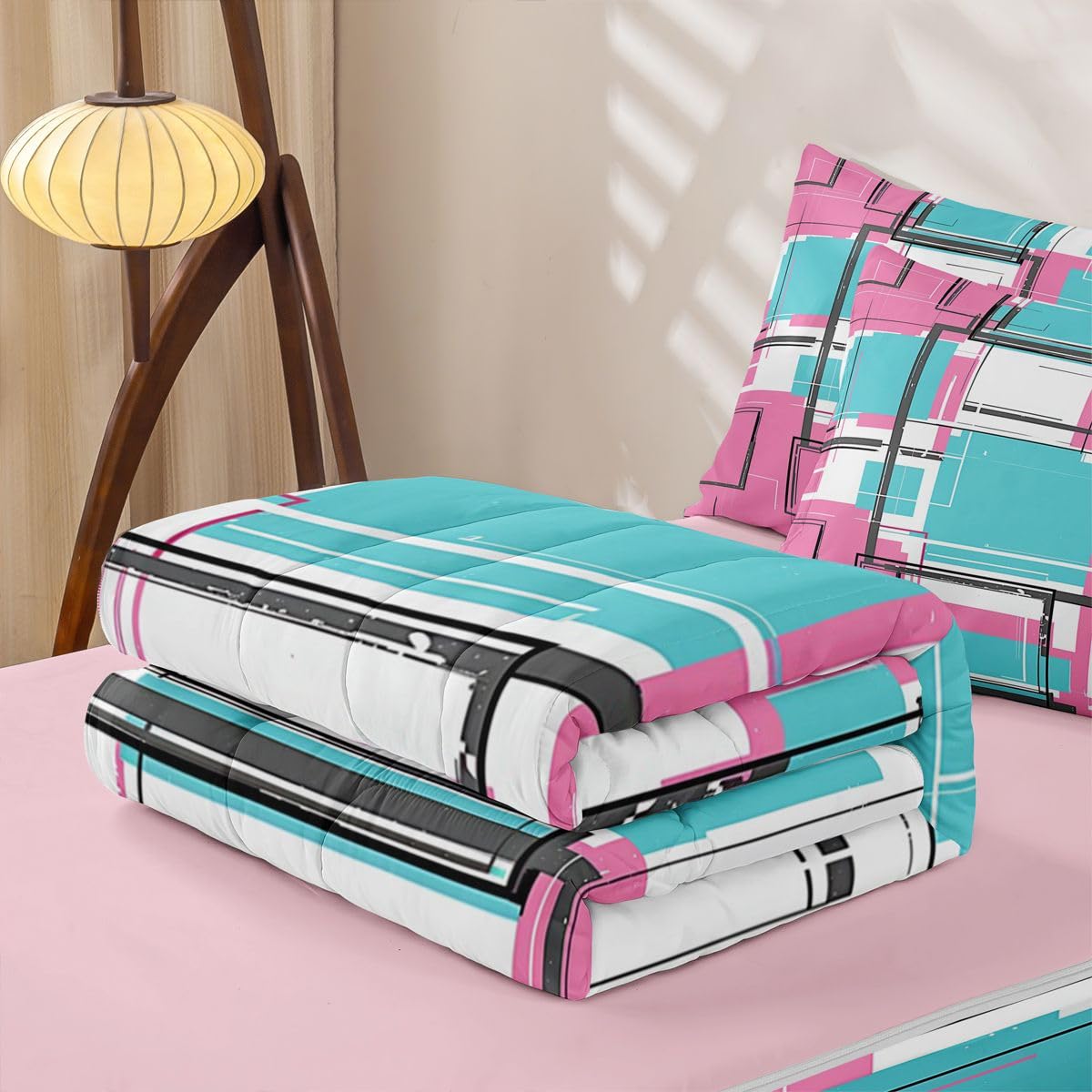 Erosebridal Graffiti Geometric Zippered Comforter Set Fashion Square Lines Zipper Bedding Set Full Size Aesthetic Patterns Bed in a Bag Modern Fashion Geometric Comforter with Sheets