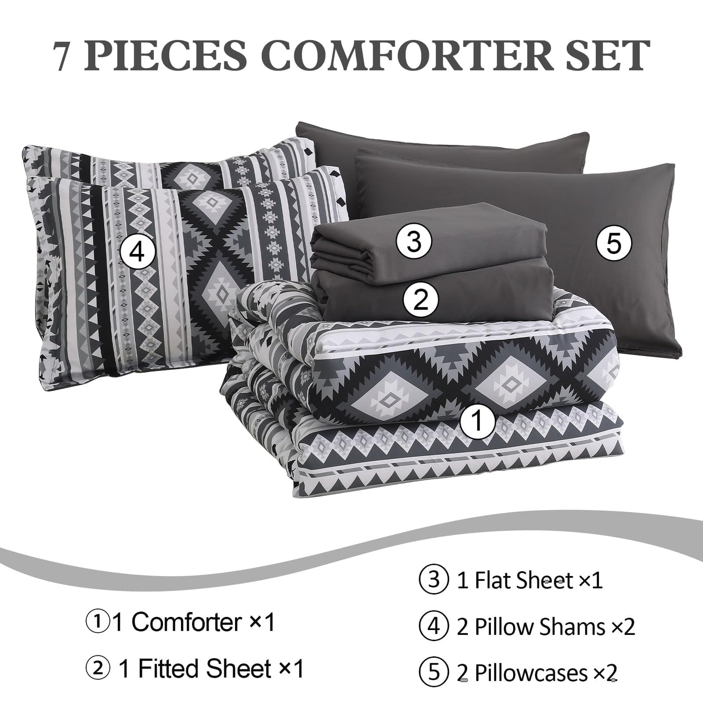 Dinjoy Dark Grey Boho Comforter Set Queen Size,7 Pieces Bed in a Bag for Men Gray Bedding Sets with Sheets Aztec Comforters Striped Complete Set for Summer 90"x90"