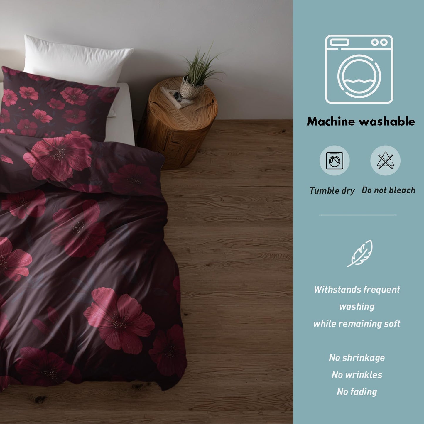 Burgundy Pink Floral Full Duvet Cover Set 3 Piece, Botanical Flower Reversible Bedding with 2 Pillow Shams, Zipper & Ties, Ultra Soft Microfiber, Floral Bedroom Decorations 79A-I