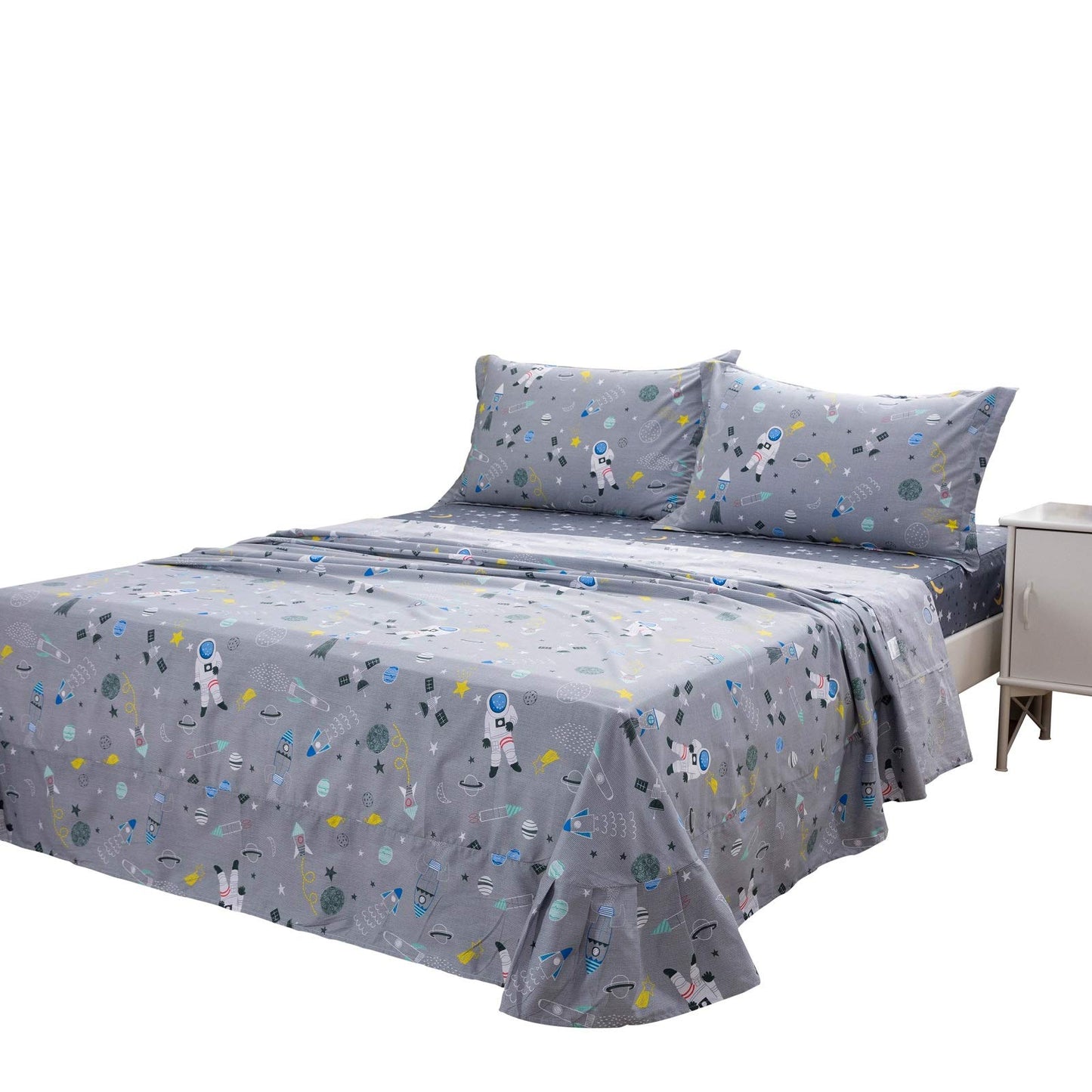 Brandream Kids Bedding Sets Full Size Astronaut Space Galaxy Boys Bed Sheet Set Deep Pockets Grey Bed Sheets Pillow Cases Set 100% Cotton 4-Piece