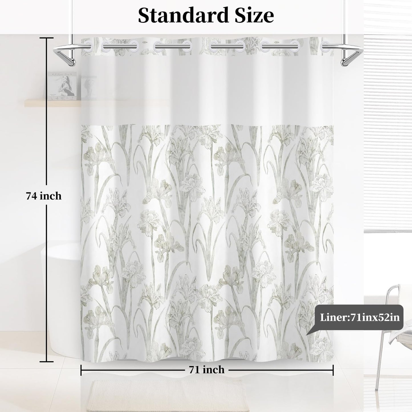 NAEMBCU No Hook Floral Shower Curtain with Snap in Fabric Liner, Botanical Shower Curtains for Farmhouse Bathroom, Mesh Top Window and Waterproof Washable, 71x74 Inch