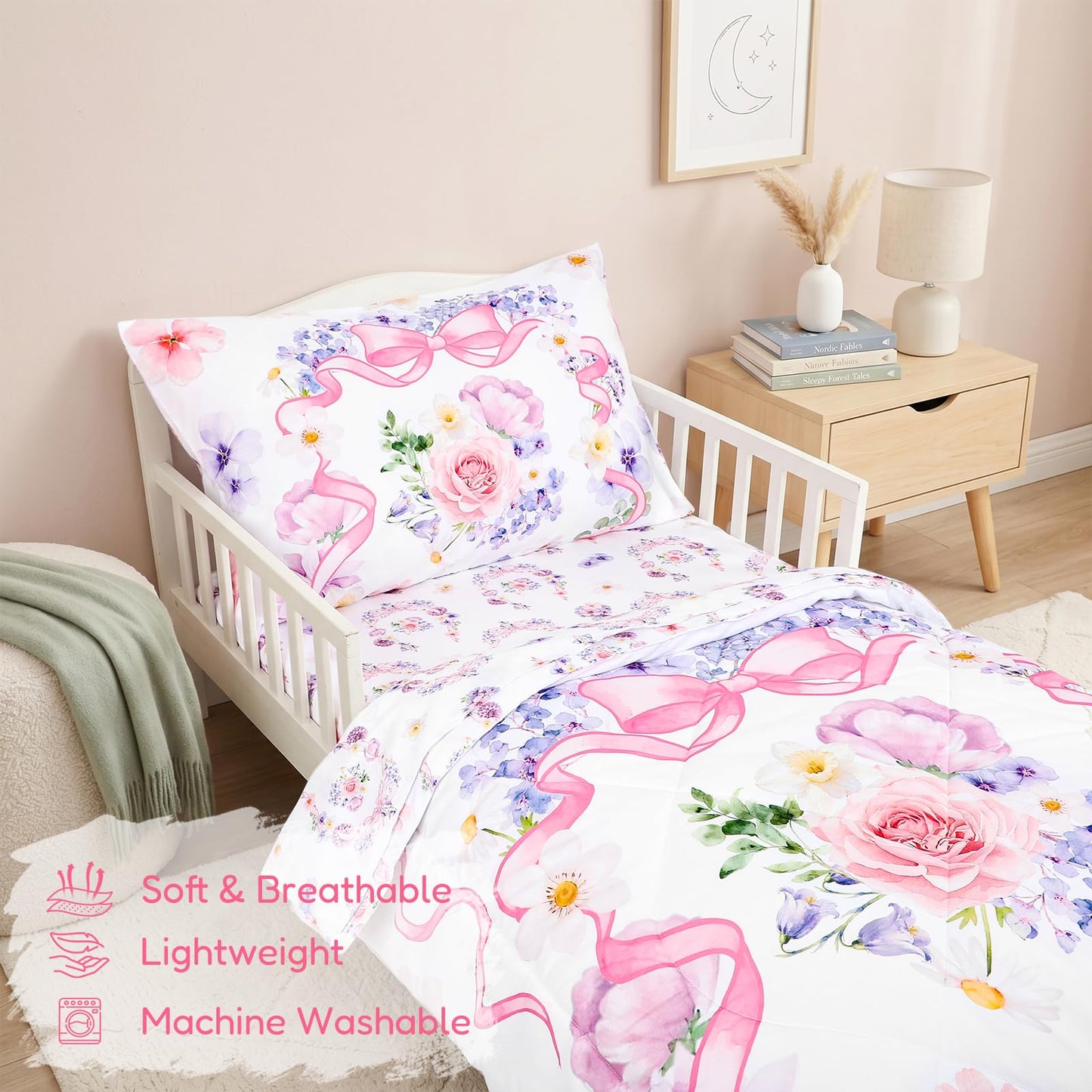 Pea Pod Floral Toddler Bedding Set for Girls, 4 Piece Bed-in-a-Bag Toddler Comforter Sets Cute Bowknot Princess Crib Bed Set | Include Quilt Comforter, Flat Sheet, Fitted Sheet, Pillowcase, Super Soft