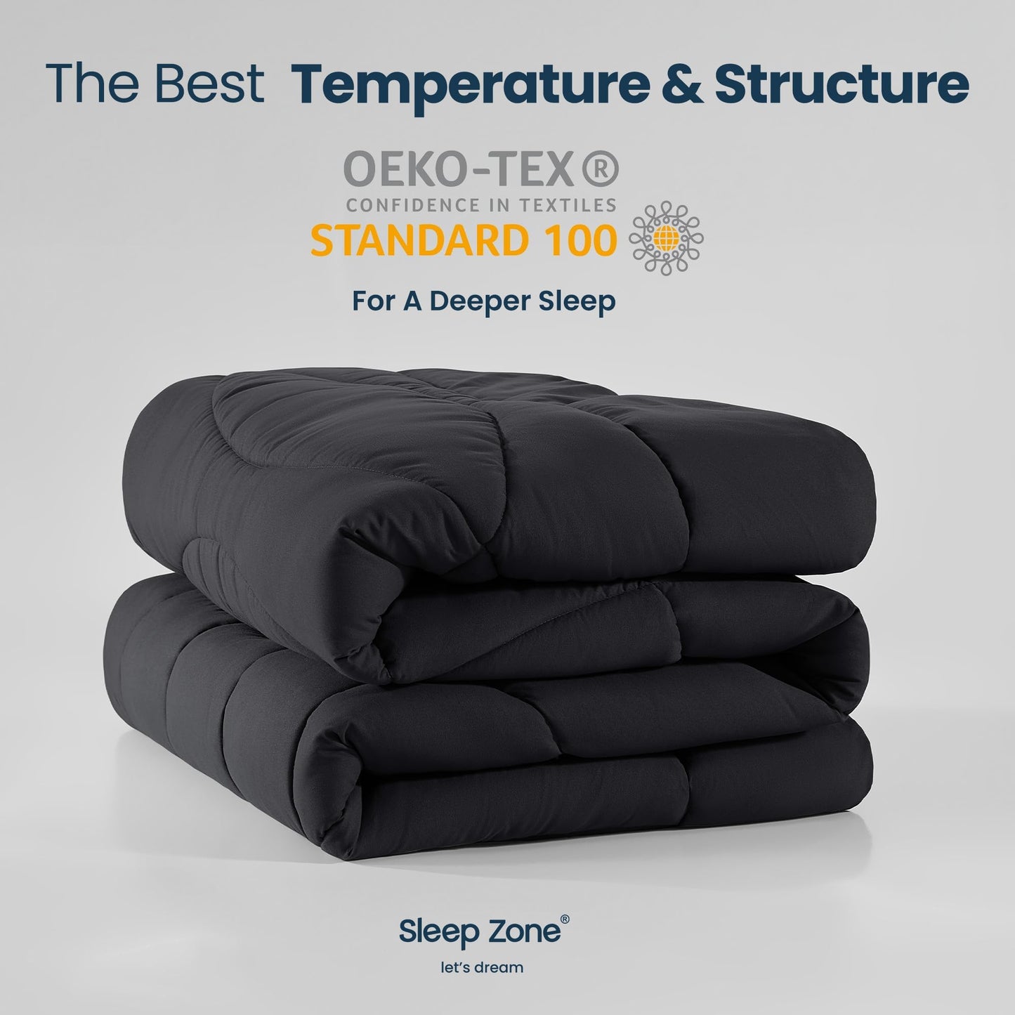 SLEEP ZONE Comforter Duvet Insert, Queen Size Quilted Reversible Comforters, Soft All Season Duvet, Down Alternative Breathable Bedding with 8 tabs, 2 Sides Black Gray 88 x 88 Inches
