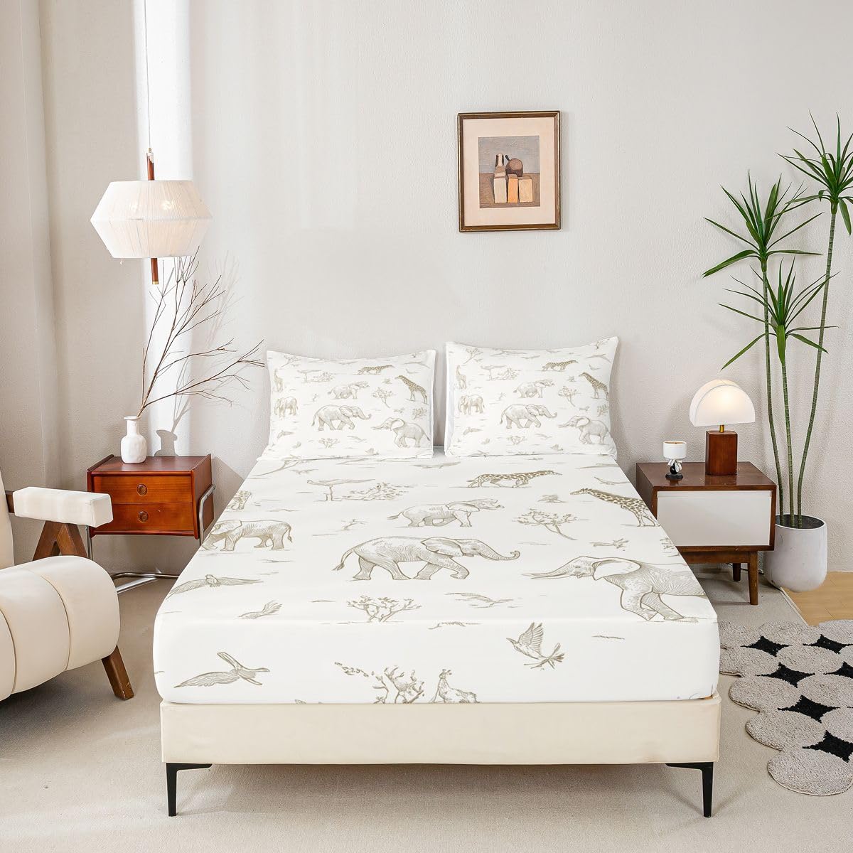 Erosebridal Jungle Animals Sheet Set Full Elephant Lion Giraffe Animal Bed Sheets for Kids Boys Girls Cartoon Kawaii Flat Fitted Sheet Hunter Brown Rust Wildlife Sheets 3 Pcs