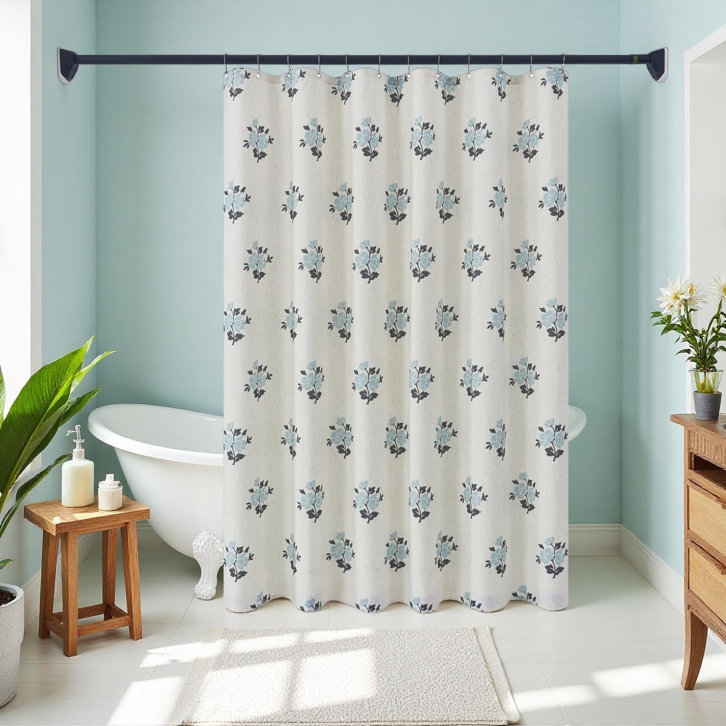 ORTIGIA Linen Blue Shower Curtains for Bathroom Boho Farmhouse Block Print Shower Curtain Set with Metal Hooks Floral Waterproof Aesthetic Rustic Fabric Bath Curtain for Home, Weighted, 72x72