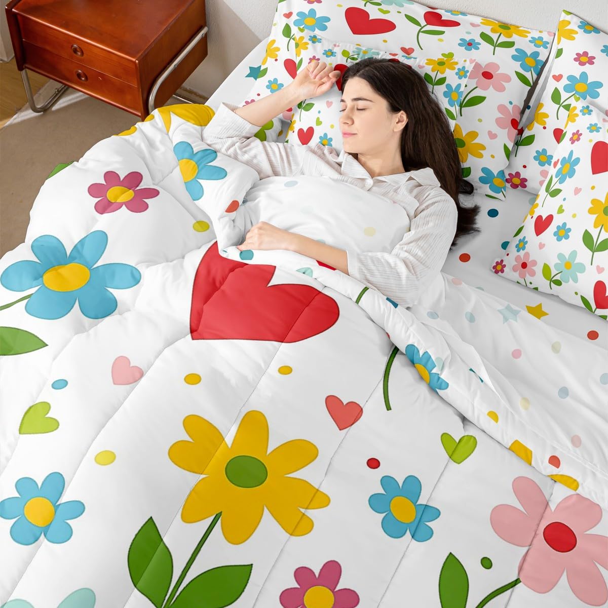 Feelyou Floral Queen Comforter Set with Sheets for Kids Boys Girls Cute 7 Pieces Bedding Set Farmhouse Garden Bed in a Bag Plant Room Decor Red Orange Soft Lightweight Microfiber