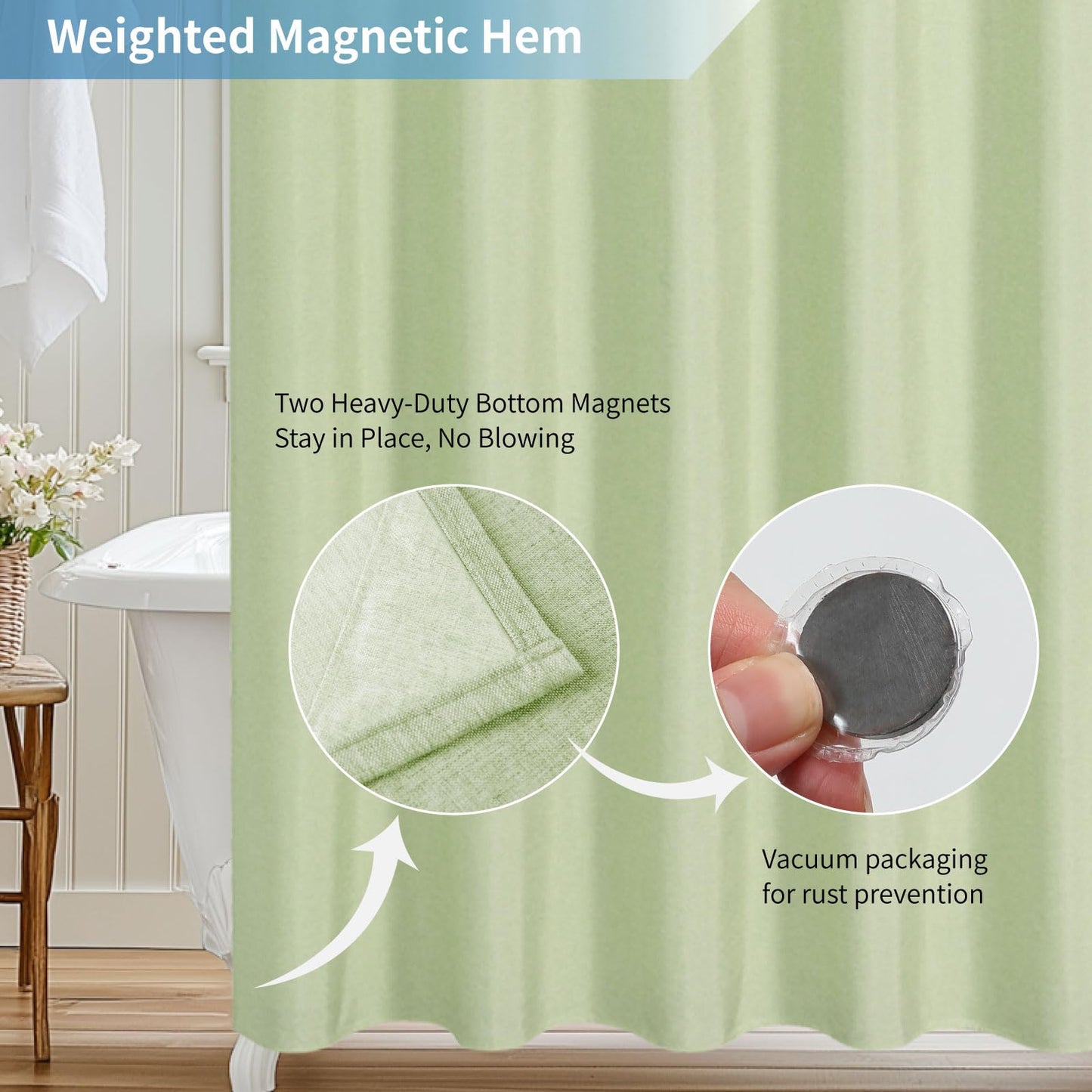 THAIGEE 2-in-1 Waterproof Long Fabric Shower Curtain,No Separate Liner Needed,Linen Textured,78 Inch Effortless Cleaning & Washable Bathroom Shower Curtain Set with 12 Plastic Hooks,72"x78",Green