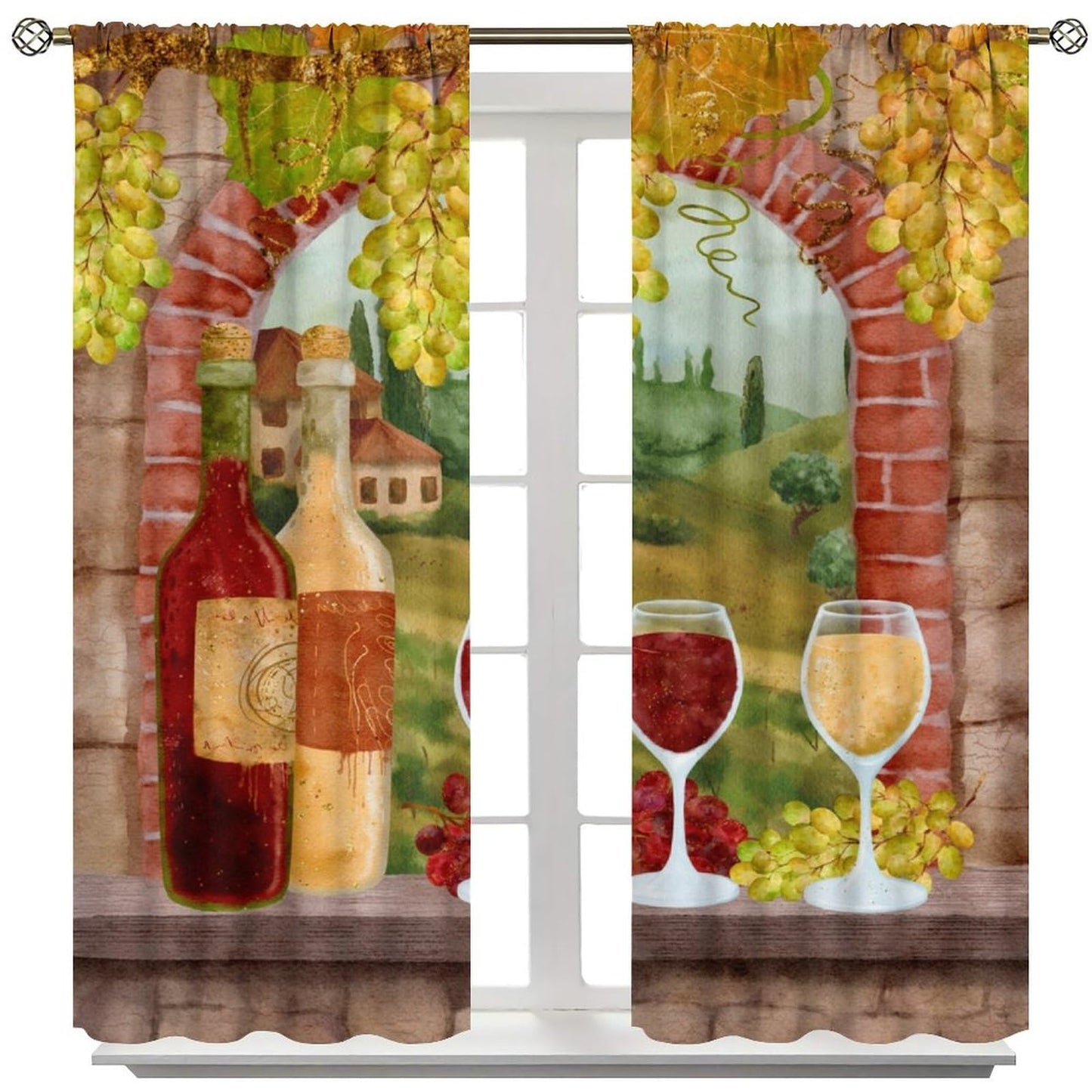 GoDazzling Red Wine Blackout Curtains, Watercolor Pattern Bottles Glasses Grapes Retro Abstract Window Drapes, for Living Room Bedroom 42" W X 45" L