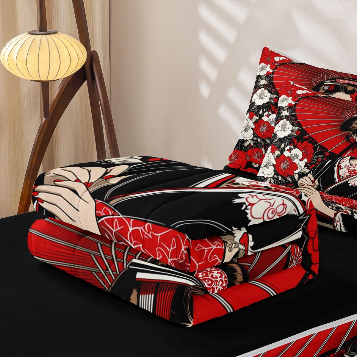 Erosebridal Japanese Geisha Zipper Bedding Twin Size, Japanese Flowers Kids Comforter Set - Artistic Japan Zip Up Comforter Bed in A Bag