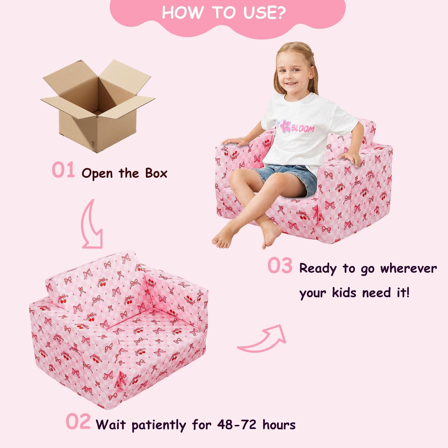 Viviland Toddler Chair, 2-in-1 Kids Couch Bed, Toddler Chairs Comfy 1-3 Years Old Fold Out Convertible Soft to Lounger, Pink Checkerboard Butterfly Bow and Cherry Baby Couch