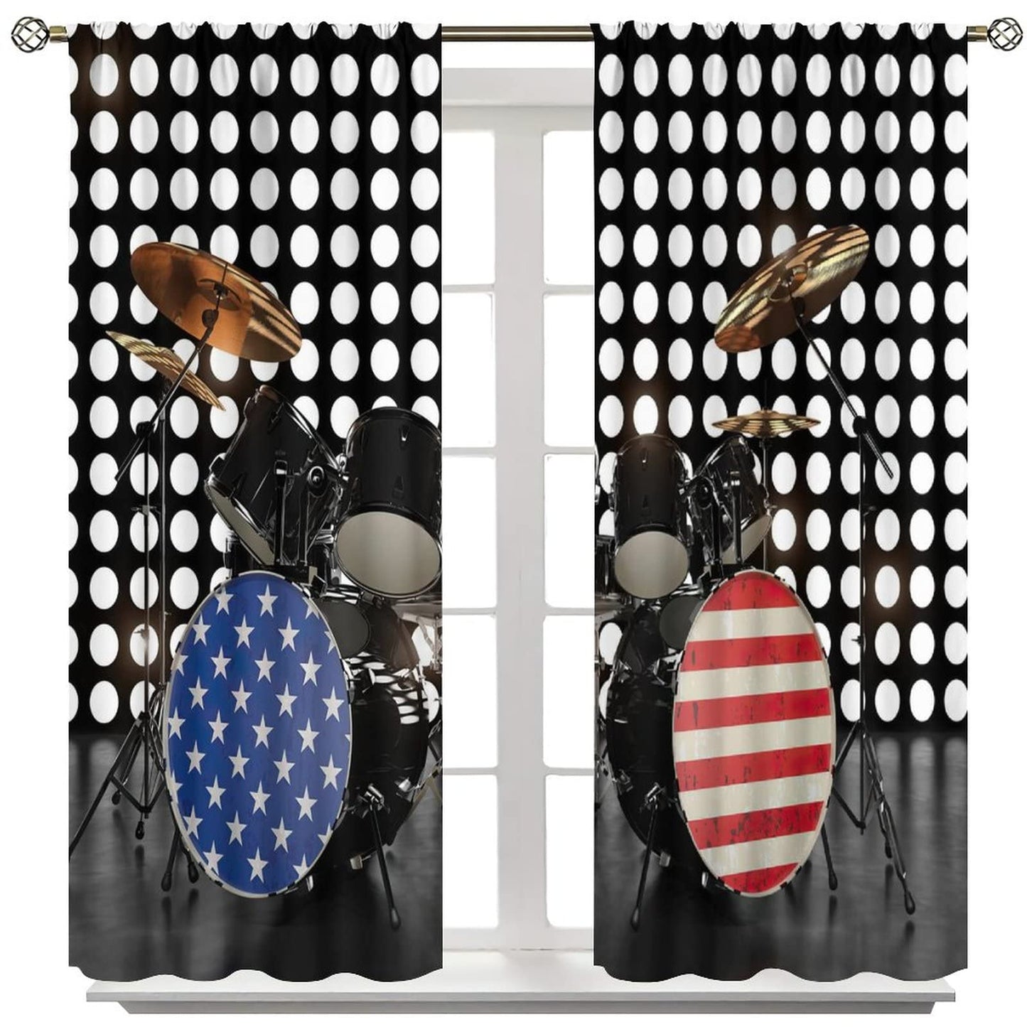 Music Curtains,Rock Roll Musical Instruments American Flag Drum Set Stage Theme Room Darkening Door Window Rod Pocket Curtain for Living Room Teens Boys Bedroom W42xL45in