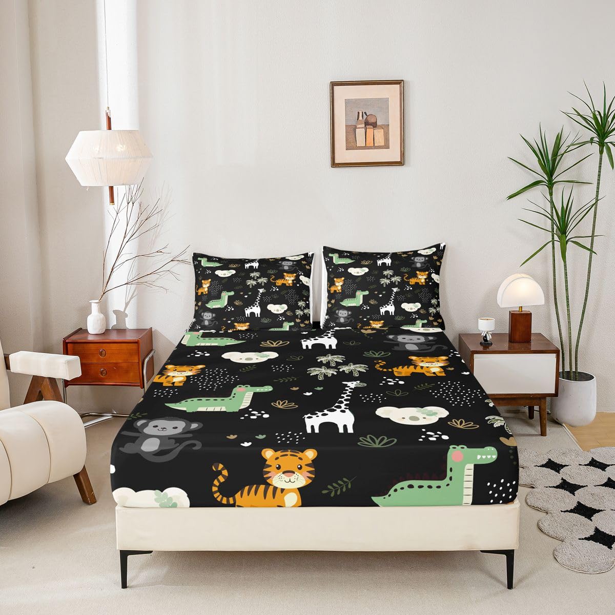 Erosebridal Jungle Animals Sheet Set Full Cartoon Kawaii Bed Sheets for Kids Boys Girls Monkey Giraffe Crocodile Tigers Flat Fitted Sheet Hunting Wildlife Sheets 3 Pcs