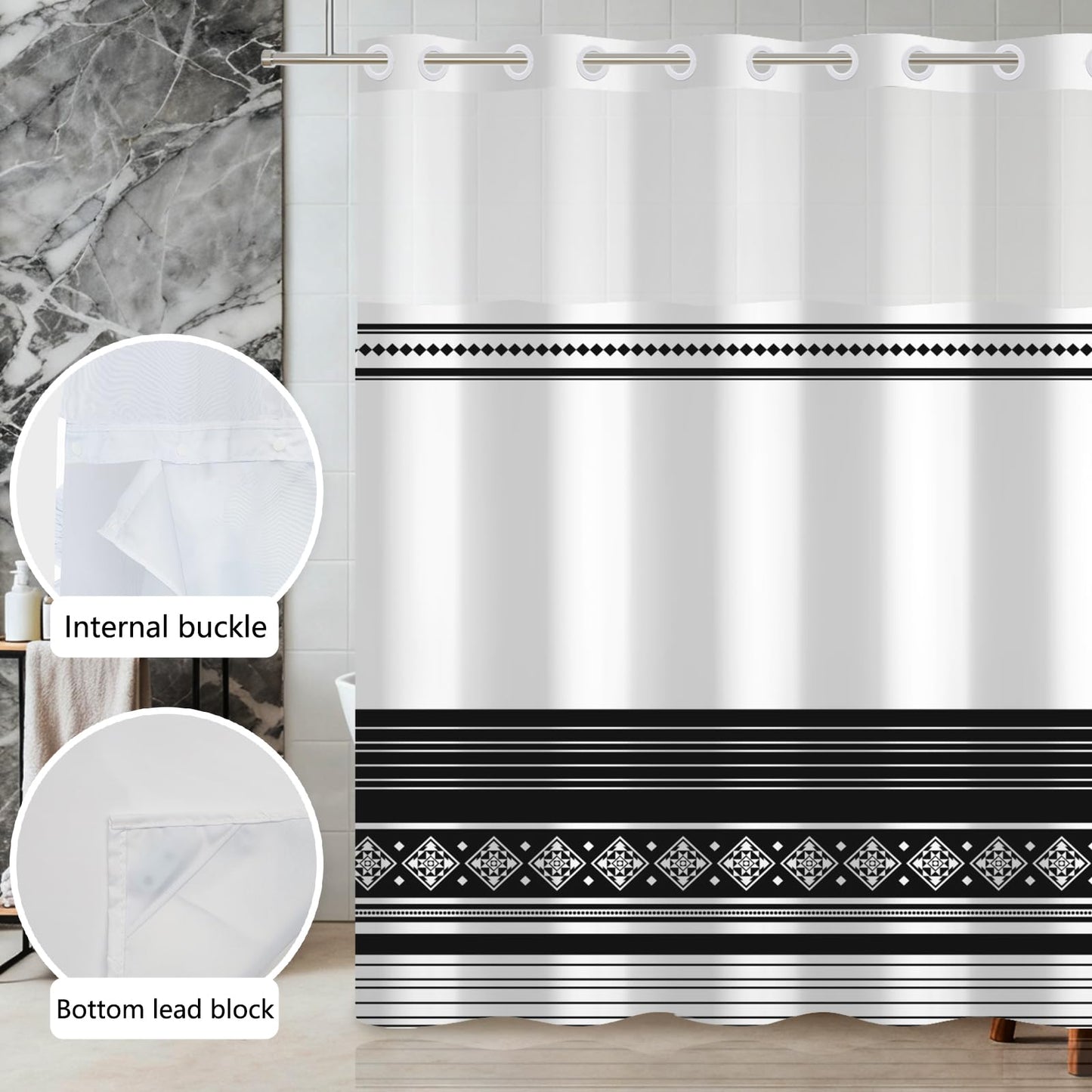 Xiazhilaio No Hook Striped Shower Curtain and Liner Set 71 x 74Inch