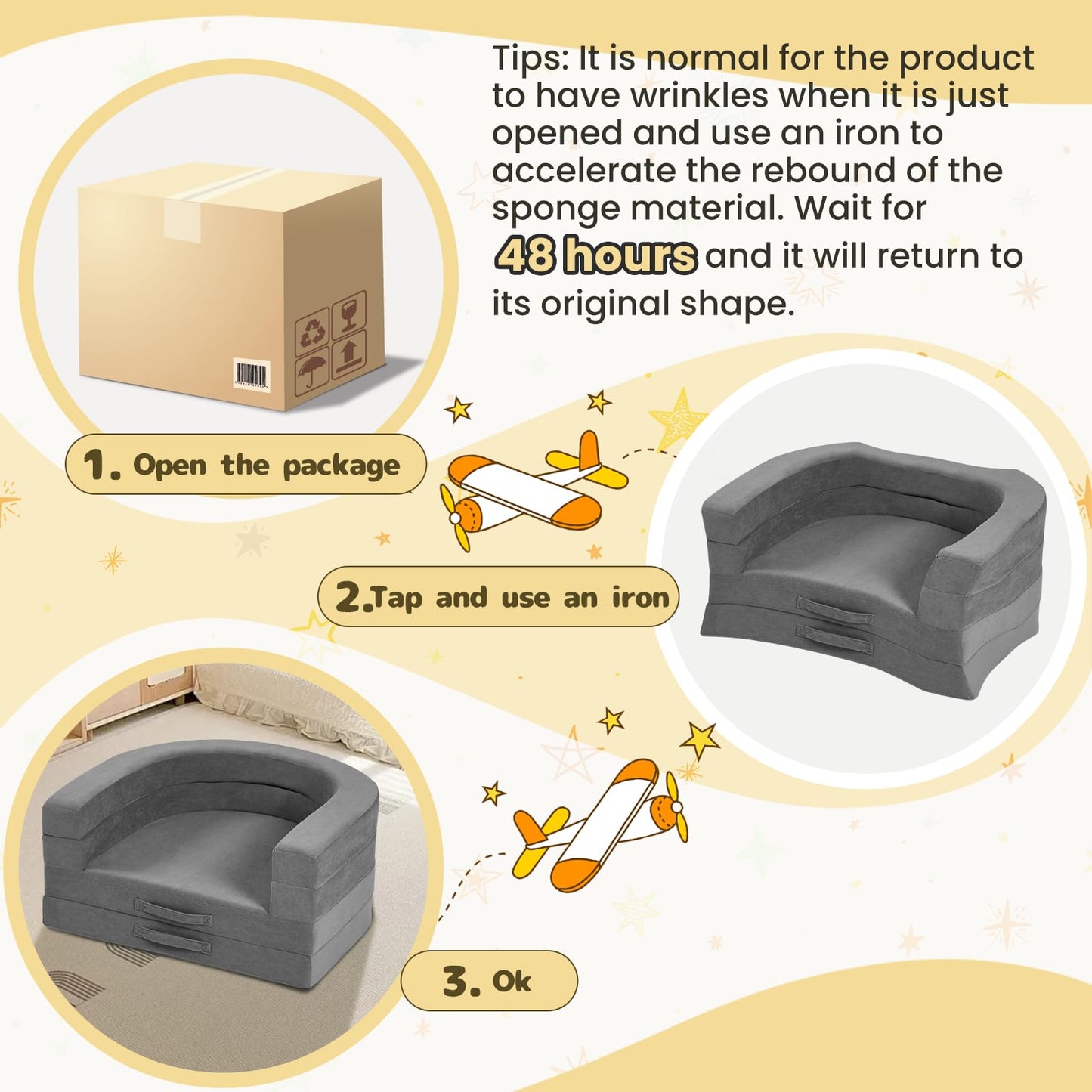 Tykacna Travel Toddler Bed, 3-in-1 Portable Foldable Toddler Chair,Soft Foam Floor Bed Lounger with Washable Cover,Grey
