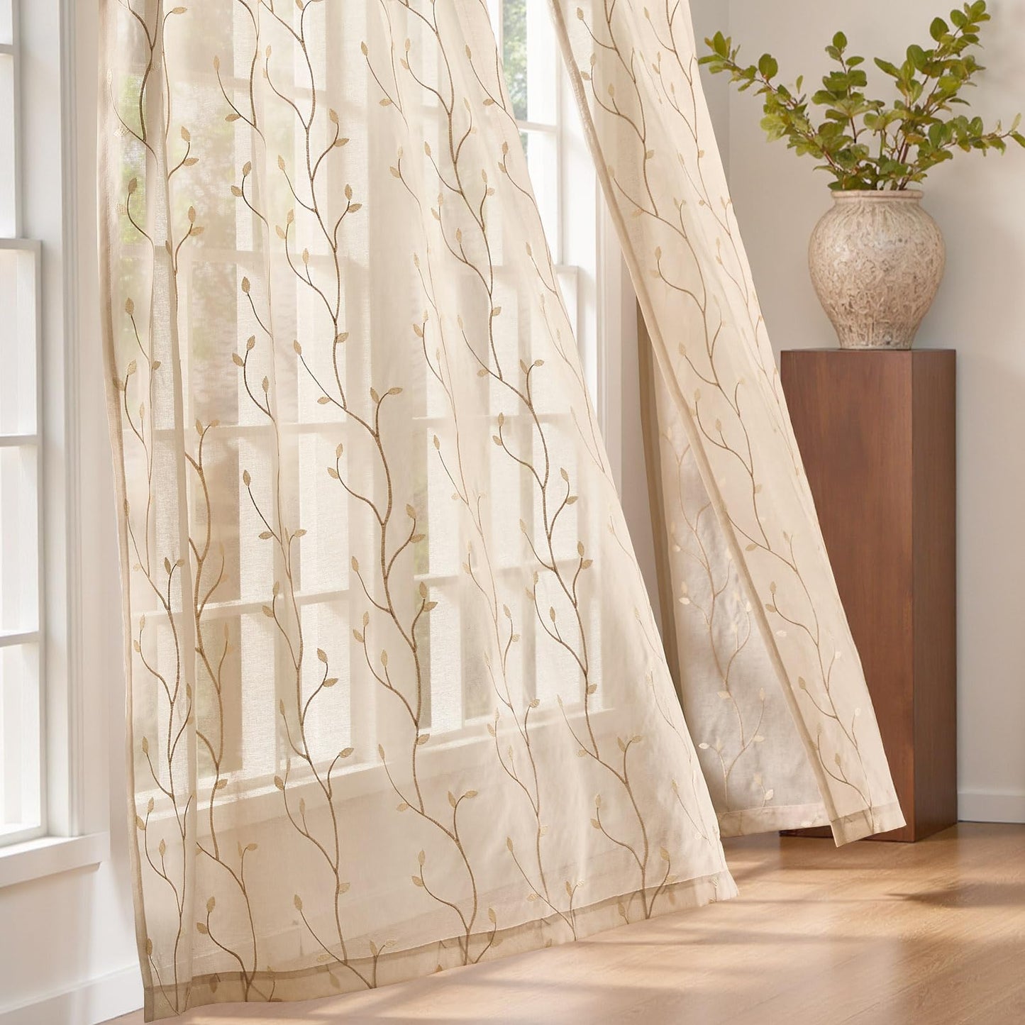jinchan Sheer Curtains for Bedroom 96 Inch Length Leaf Embroidered Semi Sheers for Living Room Botanical Embroidery Voile Transparent Grommet Window Treatments 2 Panels