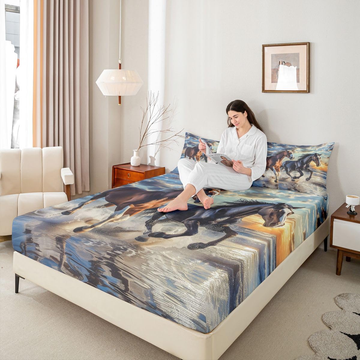 jejeloiu Horse Bed Sheets Set Queen Size Galloping Horse Bed Set for Kids Boys Girls Cute Animal Decor Deep Pocket Fitted Sheet Western Farmhouse Breathable Soft Lightweight Microfiber