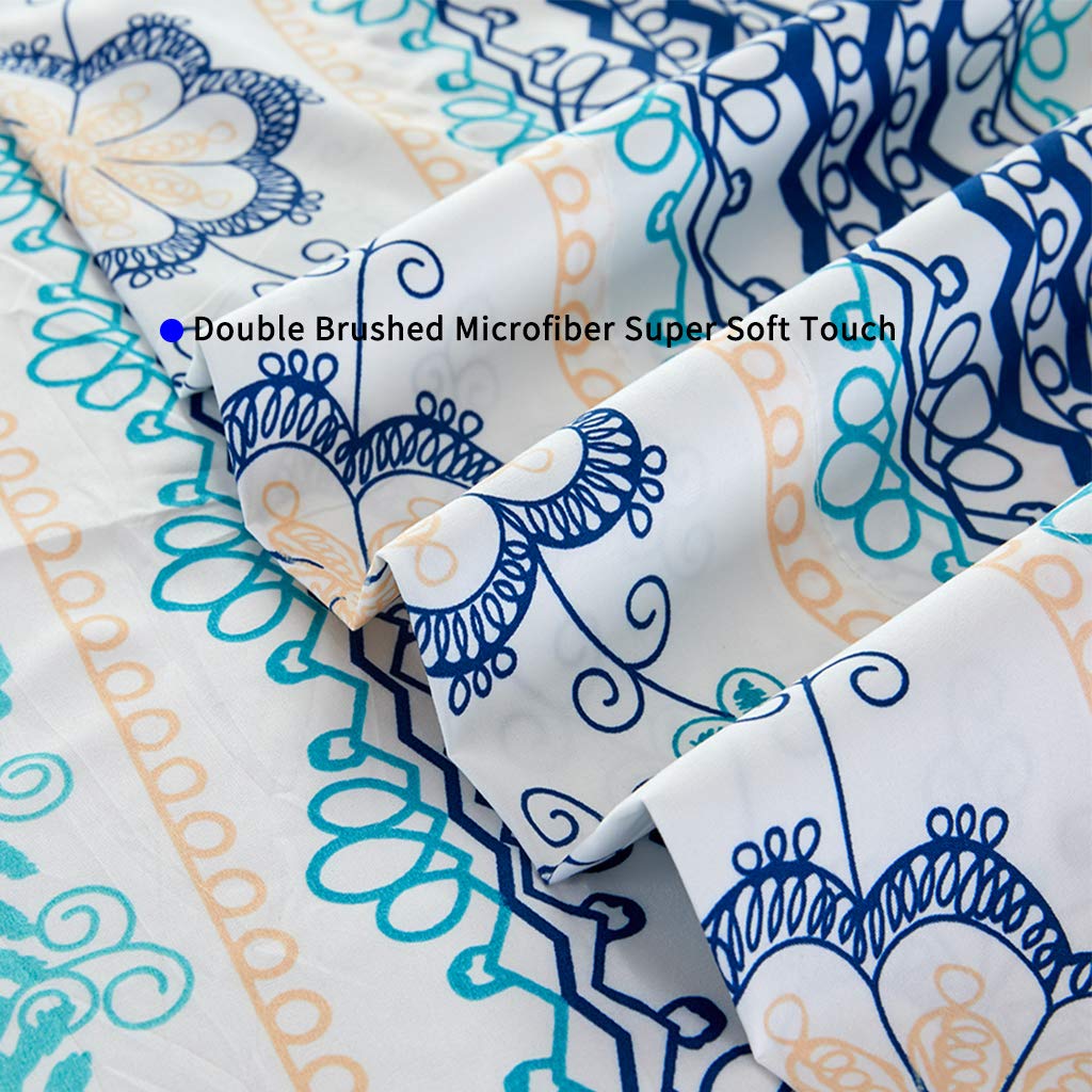 JSD Blue Boho Printed Sheet Set King Size, 4 Piece Soft Floral Microfiber Sheets Extra Deep Pocket