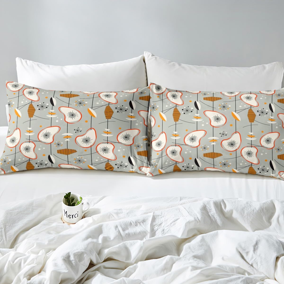 Erosebridal Grey Old Fashion Comforter Cover Abstract Atomic Bed Set, Brown Red White Aestheitc Duvet Cover King Size Boho Mid Century Bedding Sets, Minimalism Lines Bedspread Cover 3 Pieces