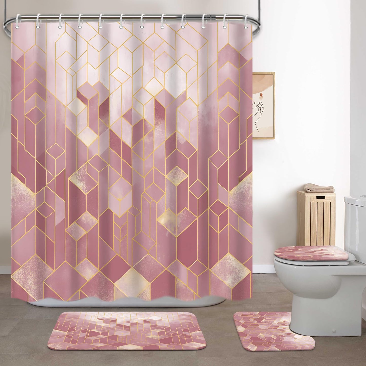 Lnond 4Pcs Bathroom Sets with Shower Curtain and Rugs, Pink Bathroom Shower Curtain Sets, Pink Gradient Modern Bathroom Sets with Rugs and Accessories