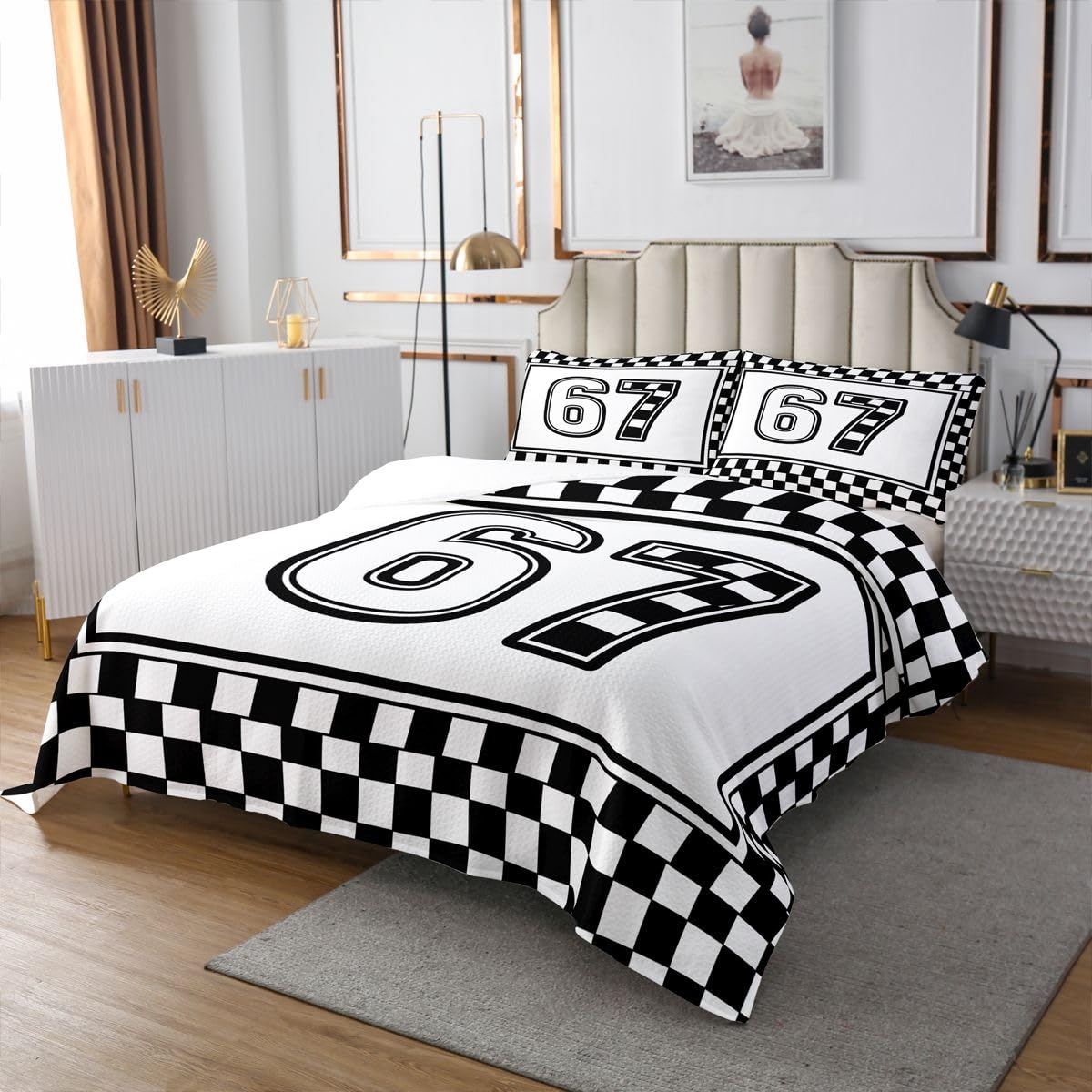 jejeloiu 6 7 Bedspread King Size Six Seven 6 7 Coverlet Set Geometric Quilted Coverlet for All Season with 2 Pillowcases Modern Abstract Art Microfiber Lightweight Six Seven