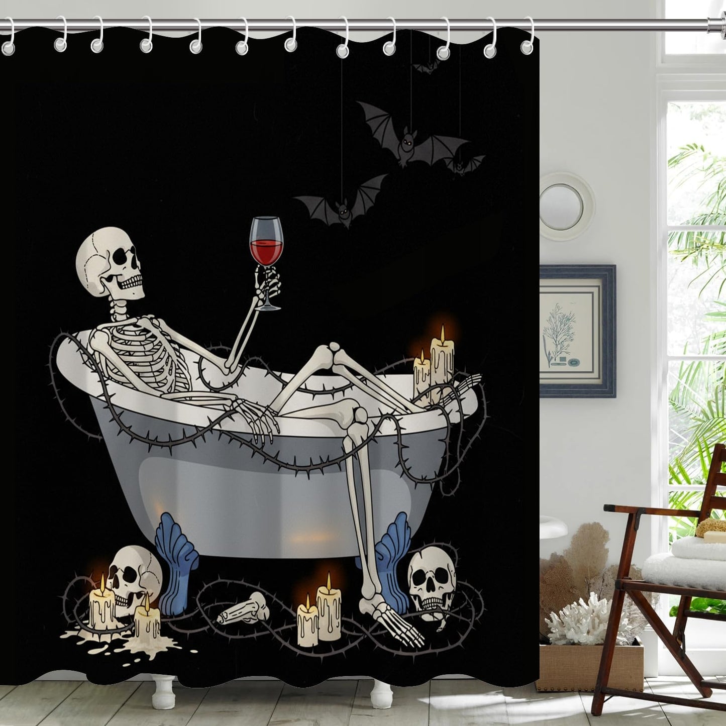 TSLOVER Gothic Black Skull Shower Curtain for Bathroom,Horror Skeleton Shower Curtains,Funny Waterproof Polyester Minimalism Skull Bathroom Decor Accessories,72x72 Inch