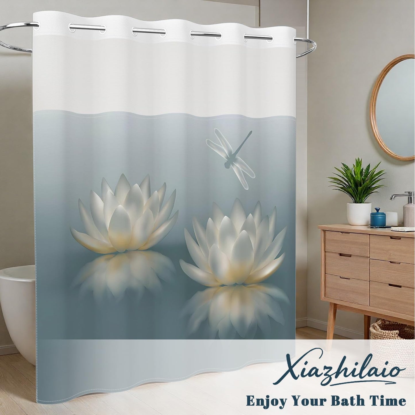 Xiazhilaio No Hook Lotus Flower Shower Curtain with Snap in Liner - 71″W x 74″L Waterproof Fabric with Mesh Top Window, Zen Floral & Dragonfly Print Bath Curtain for Modern Spa Bathroom Decor