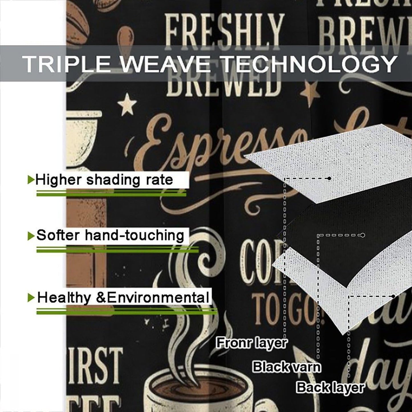 PHTAYOT Coffee Curtains Brown Beans Cups Abstract Letters Afternoon Tea Theme Pattern Blackout Window Drapes for Kitchen Living Room Bedroom,42x54 Inch,2 Panels
