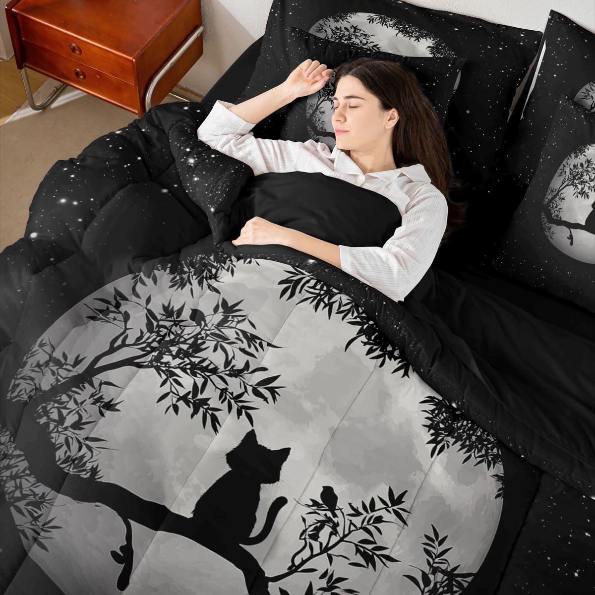 Erosebridal Moon Cat 7-Piece Bedding Set Full Size for Kids Teens Adults | Gothic Black Cat Bed in a Bag Black White Stars Starry Sky Comforter Set with Sheets Leaves Botanical Branches Duvet Insert