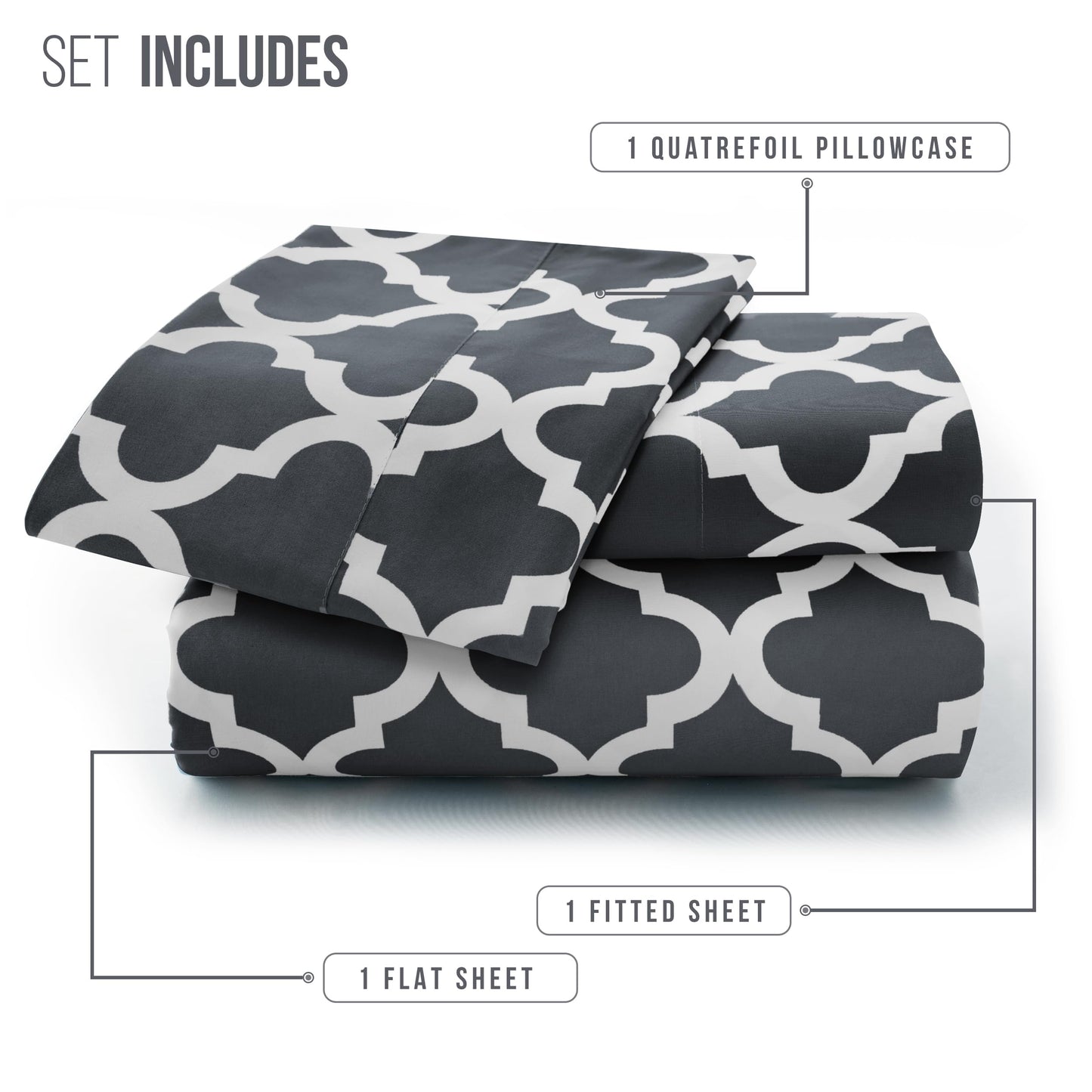 LUX Décor Quatrefoil Twin Sheet Set - 3 Piece Ultra-Soft Microfiber Bed Sheets with Flat Sheet, 16 Inches Deep Pocket Fitted Sheet & Pillowcases, Breathable, Bedroom Decor, Oeko- - Black