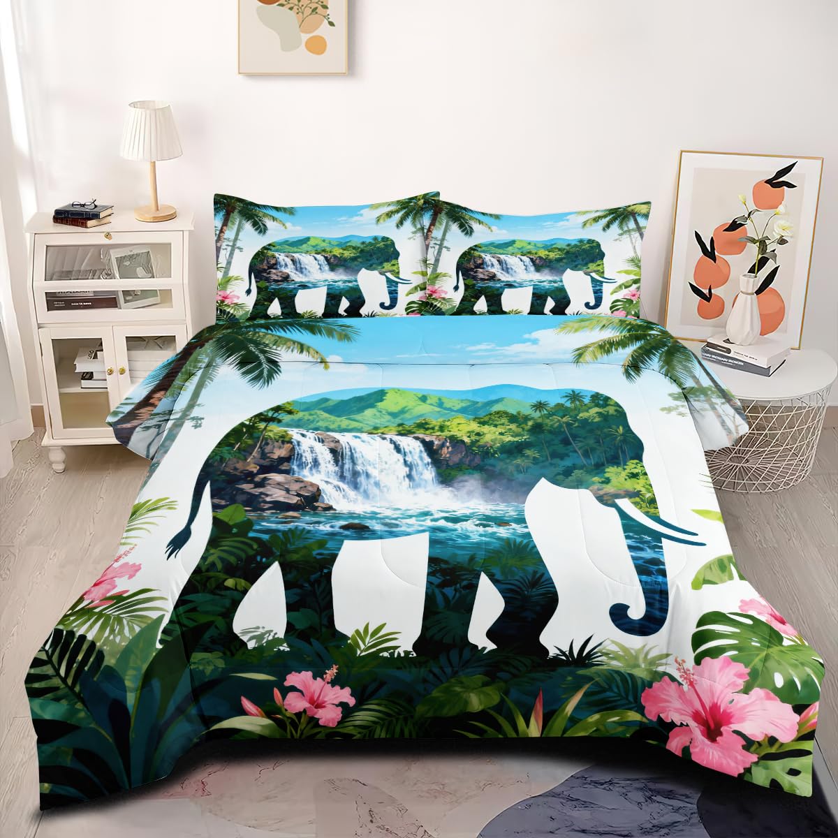 CCoutueChen Summer Themed Comforter Set Queen Size Unique Art Hawaiian Ocean View Palm Leaf Elephant Design Bedding Set Modern Aesthetic Comforters Soft Down Alternative Comforter Sets for All Season