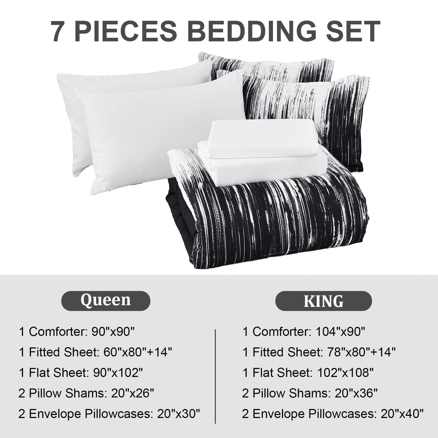Dinjoy Ombre Black Comforter Set Queen Size Gradient Black White Boho Bedding Set for Teen Men Women 7 Pieces Bed in A Bag Bohemian Bed Set with Comforter, Sheets, Pillowcases & Shams
